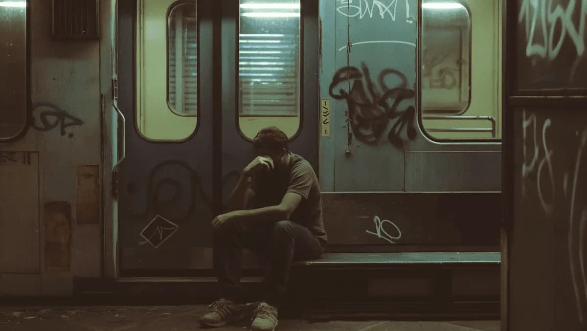 Una persona sentada sola en un vagón de subte vacío con las puertas pintadas