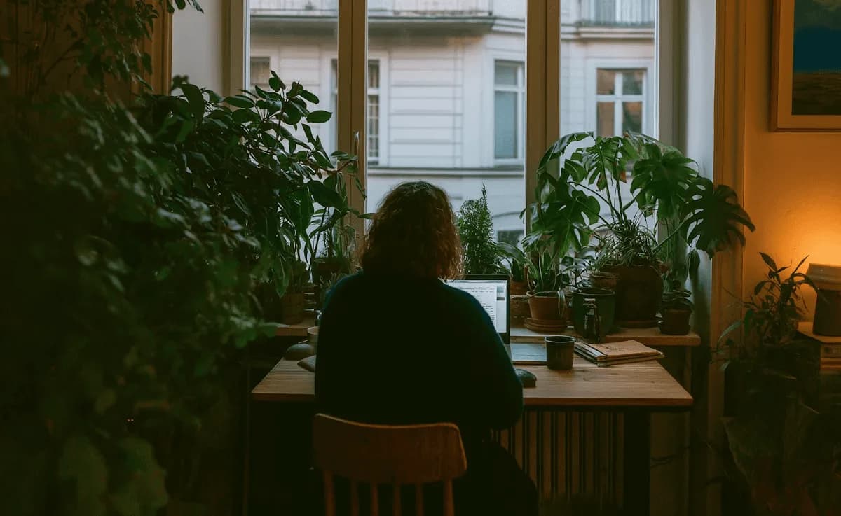 Una persona trabaja con su notebook en un bar rodeado de plantas, de noche