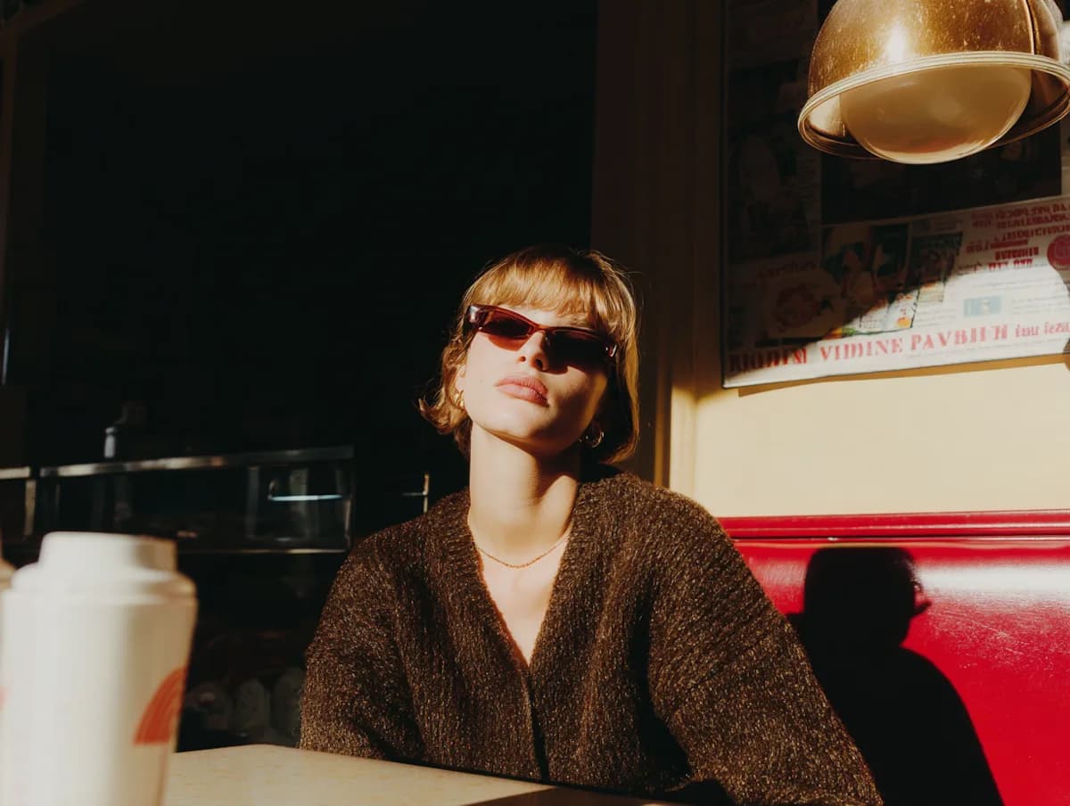 Una mujer con anteojos de sol descansa en el asiento rojo de un bar iluminado por el sol de la tarde