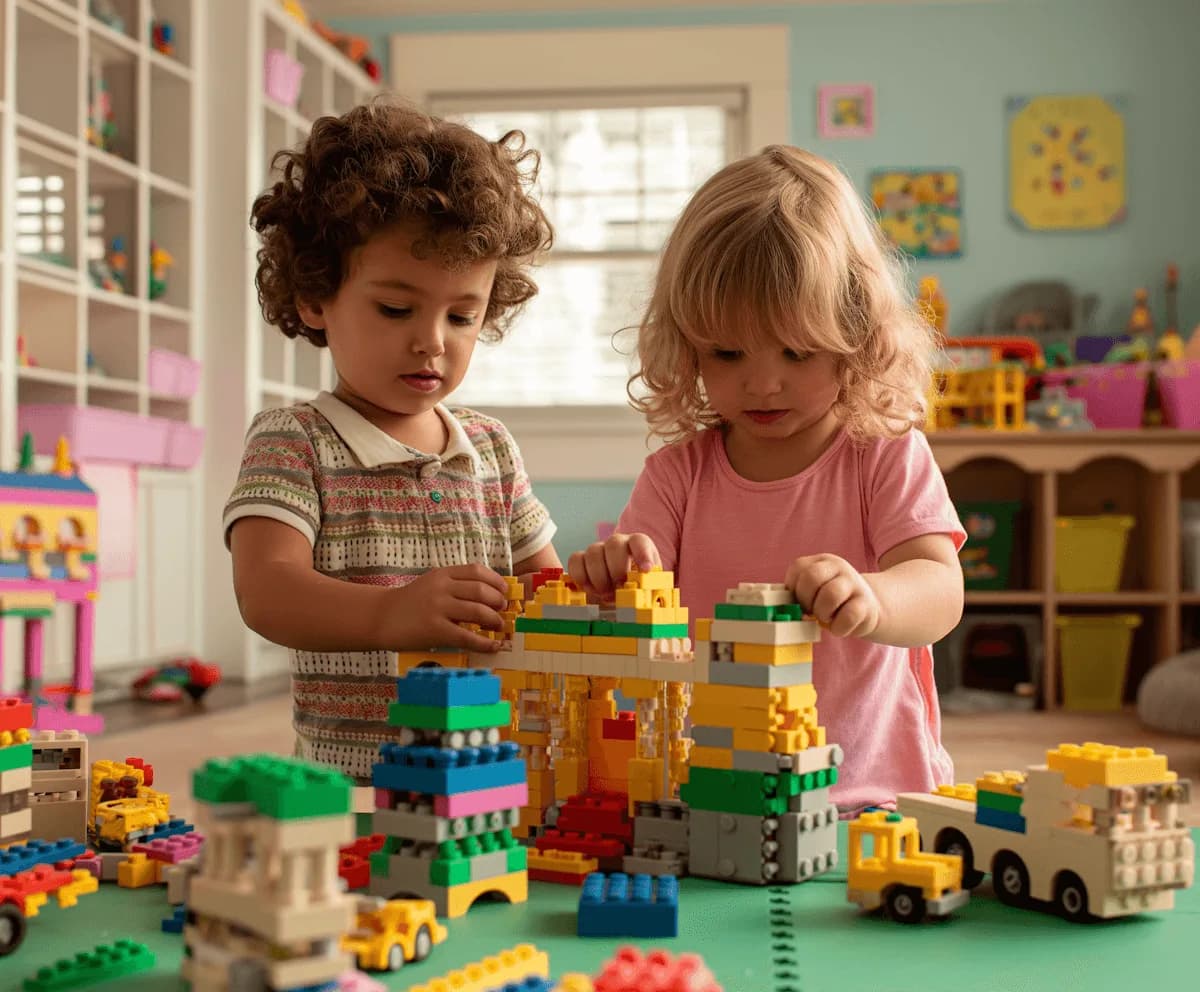 Dos chicos juegan con bloques de colores en una sala de juegos