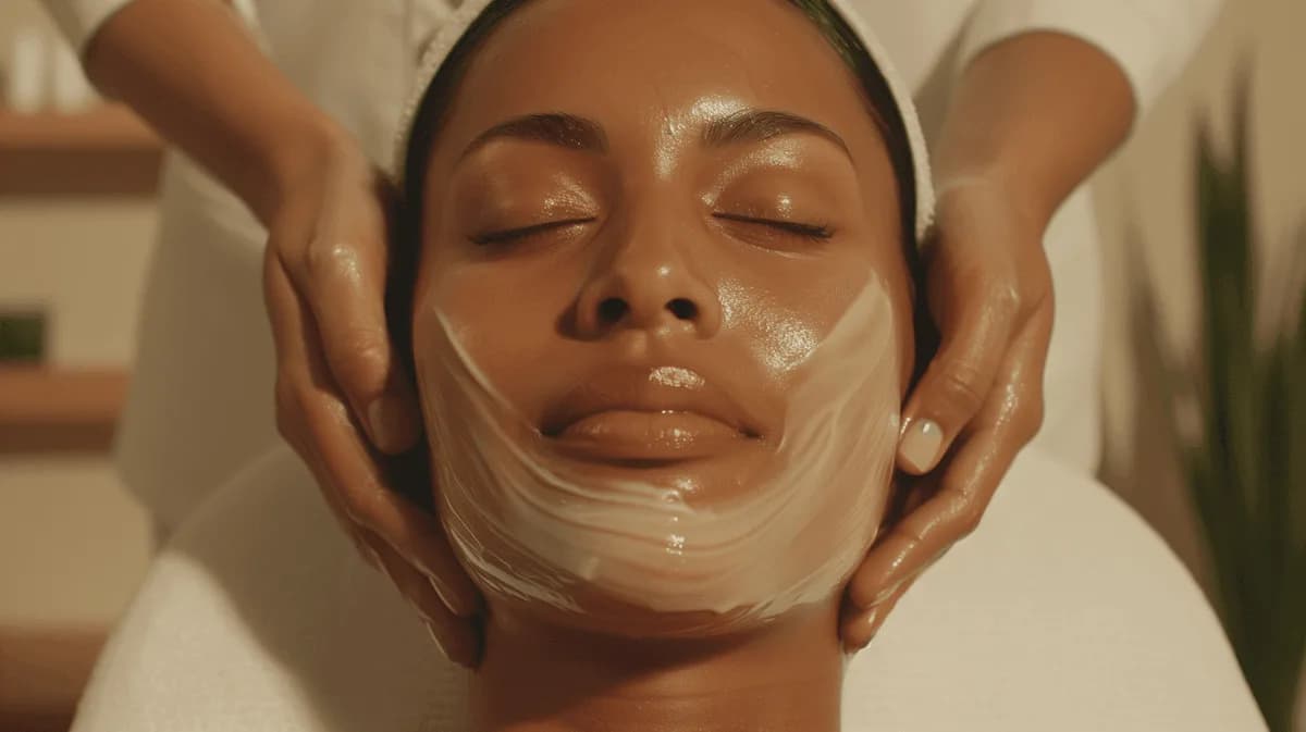 Una mujer recibe un tratamiento facial con los ojos cerrados en una camilla de spa