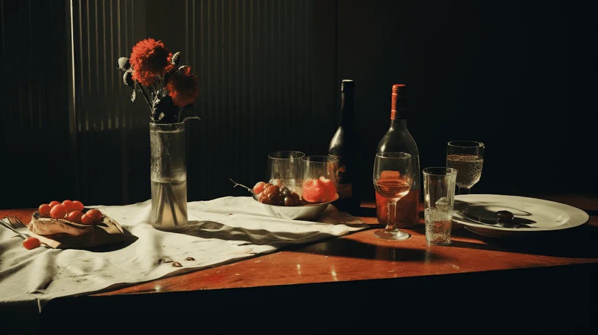 Una mesa servida con una botella de vino, copas y flores, iluminada de costado