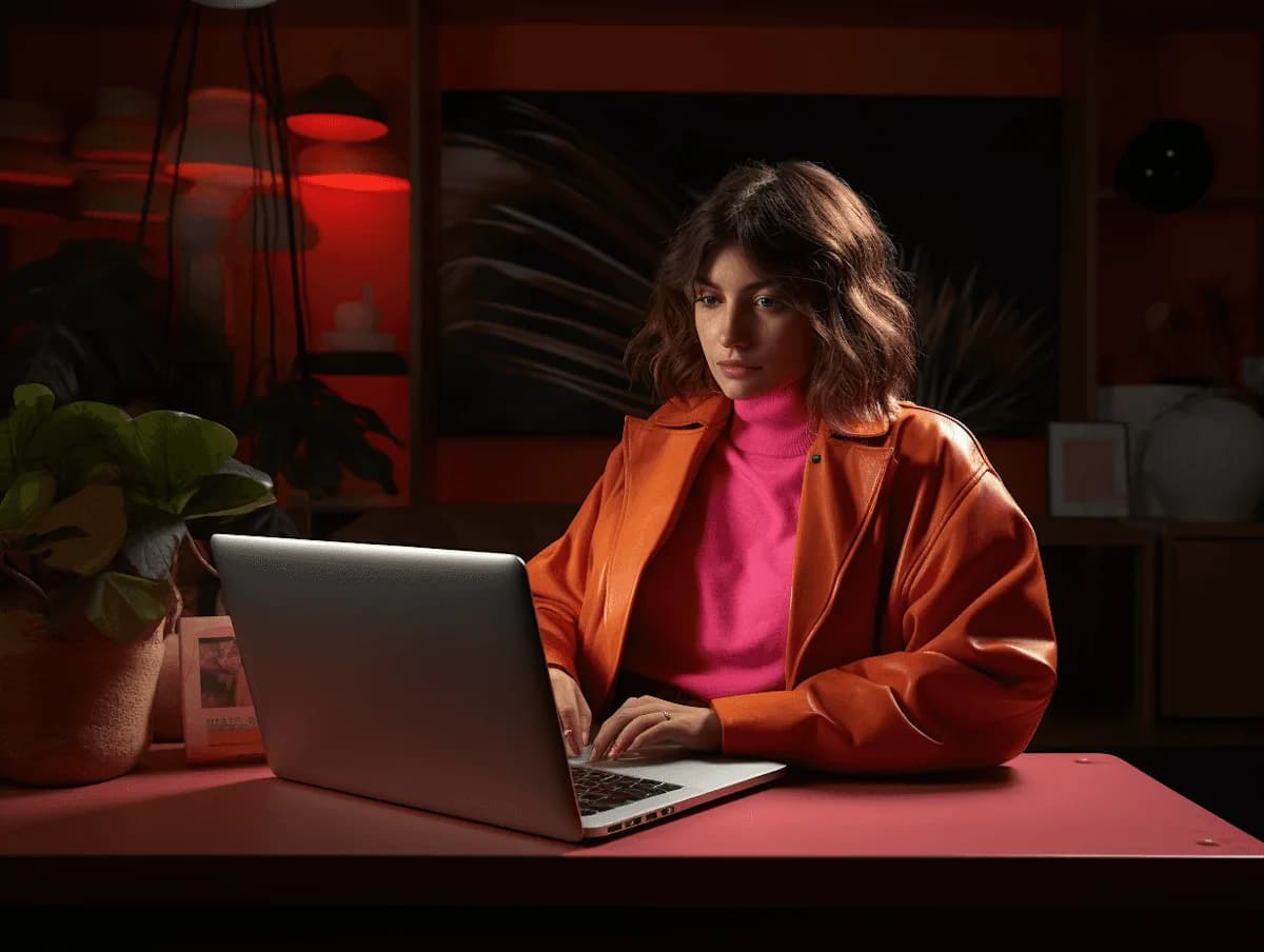 Una mujer trabaja en su notebook en una habitación con luz roja