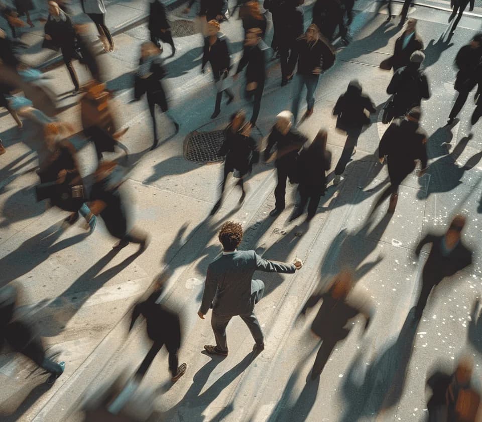 Gente caminando por una plaza, vista desde arriba y a contraluz
