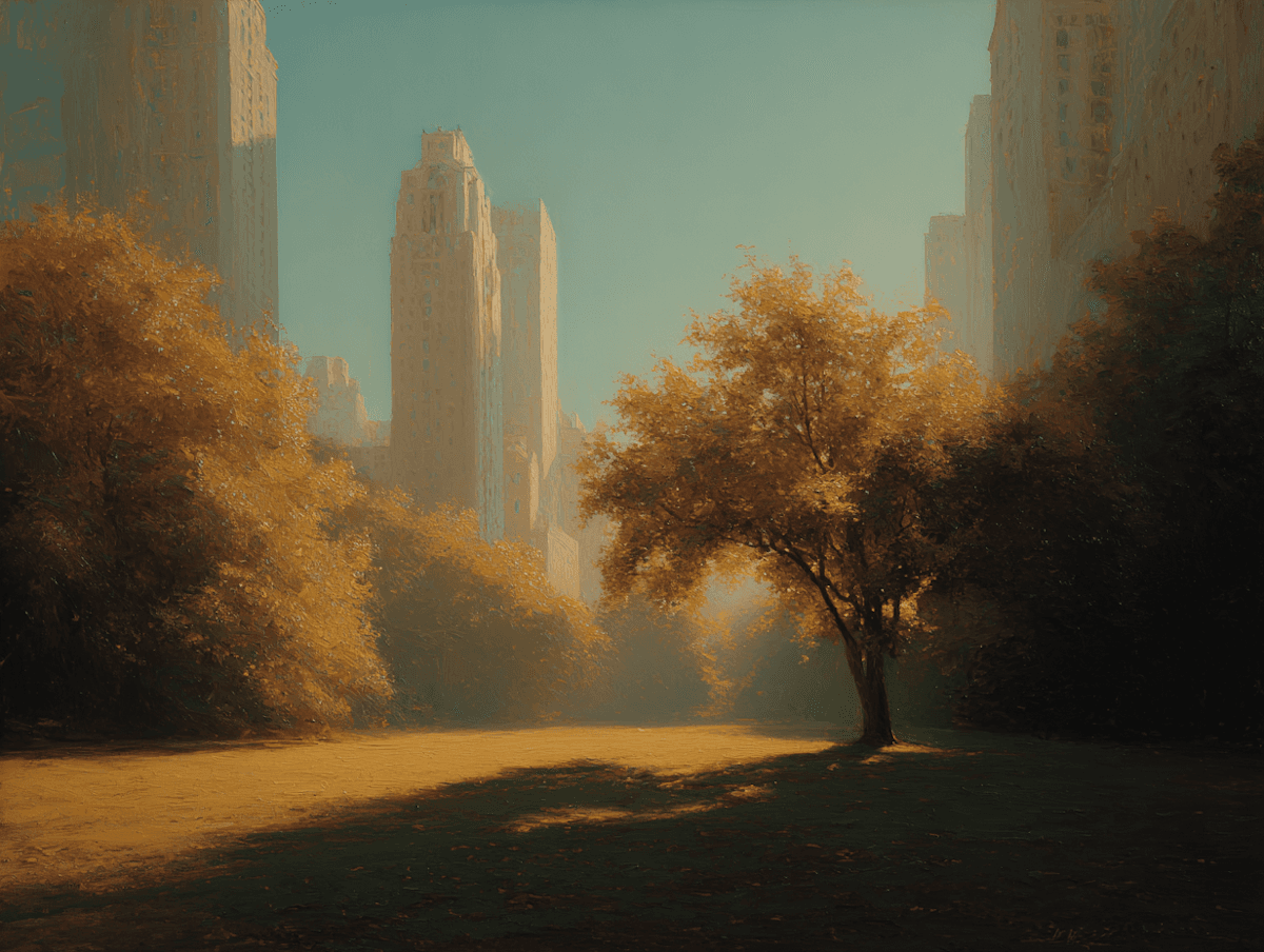 A park with autumn trees in the sun and tall buildings behind