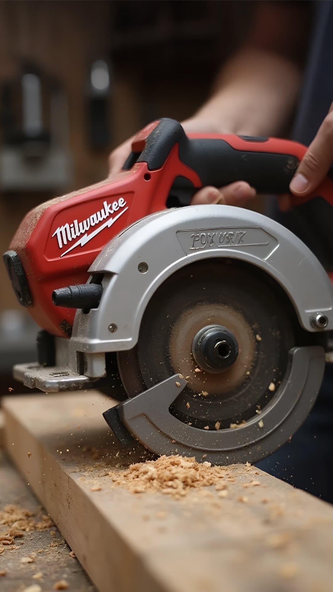 A Milwaukee circular saw cutting a wooden board.