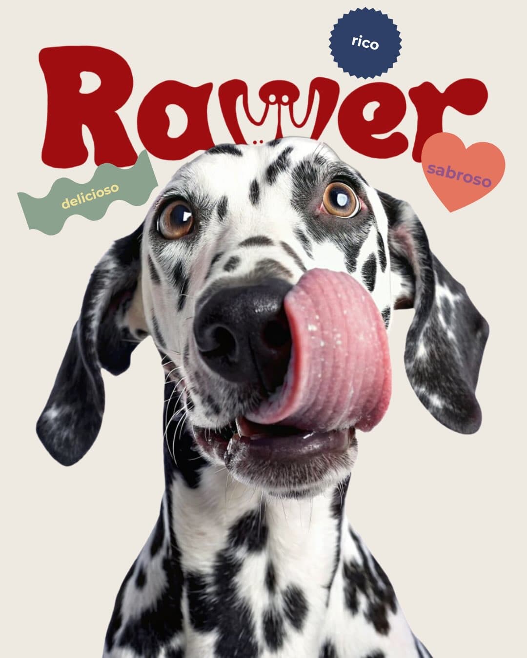 Rawer piece: a dalmatian licking its lips, with the brand logo and the words “delicioso”, “rico” and “sabroso”.