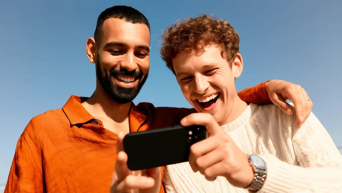 Dos hombres sonríen mirando la pantalla de un teléfono