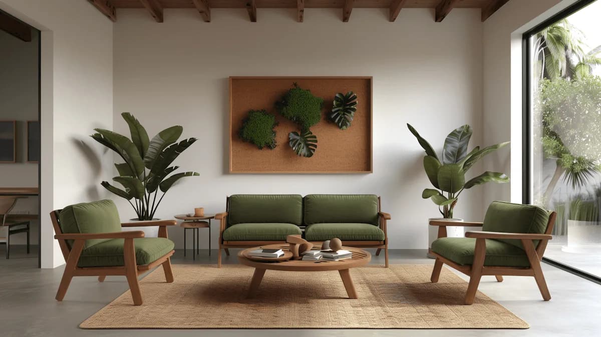 Una sala luminosa con sillones, plantas y una mesa baja de madera