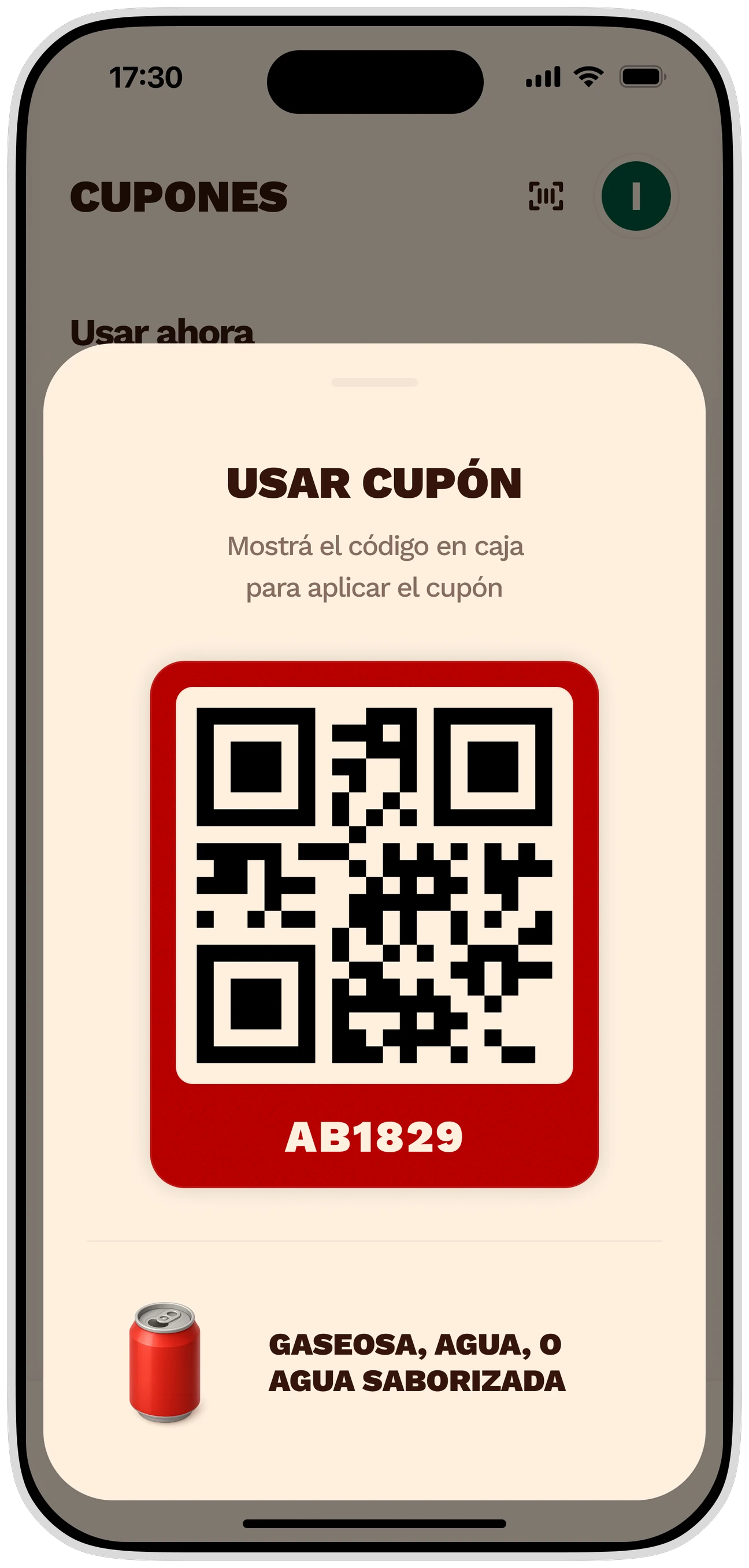 El cupón emitido por la app de Hutch, con el código QR para presentar en el mostrador