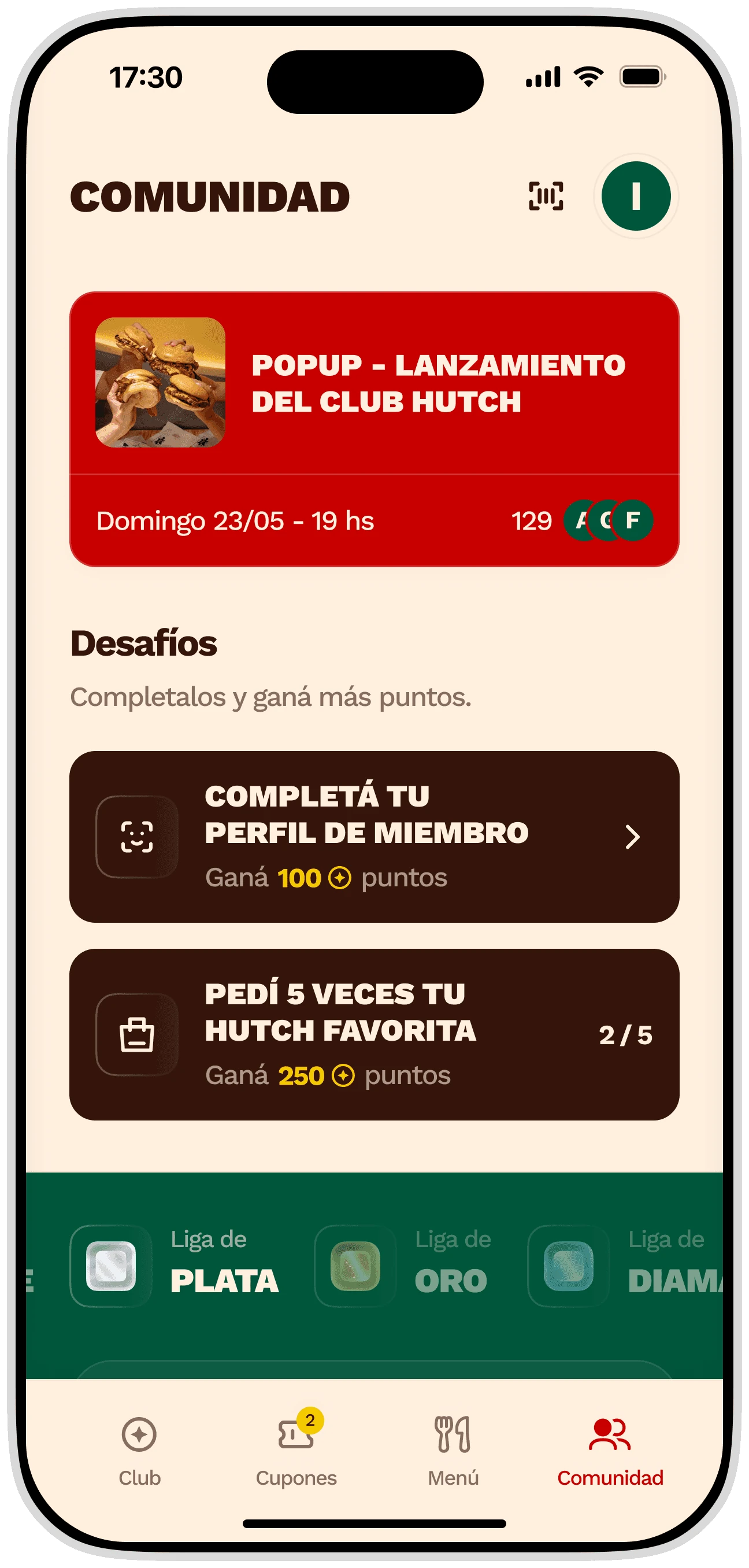 La sección de comunidad de la app de Hutch, con el evento del club, los desafíos y las ligas por nivel