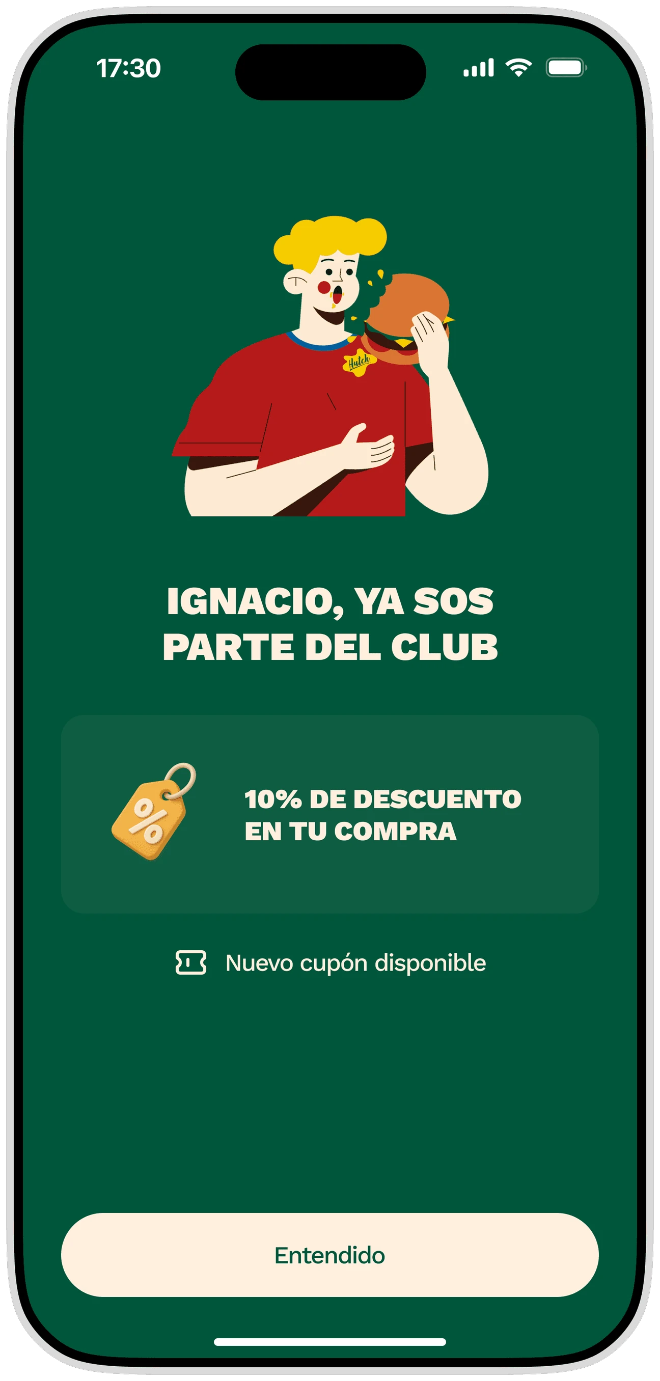 La confirmación de alta en el club de Hutch, con el cupón de bienvenida del 10% de descuento