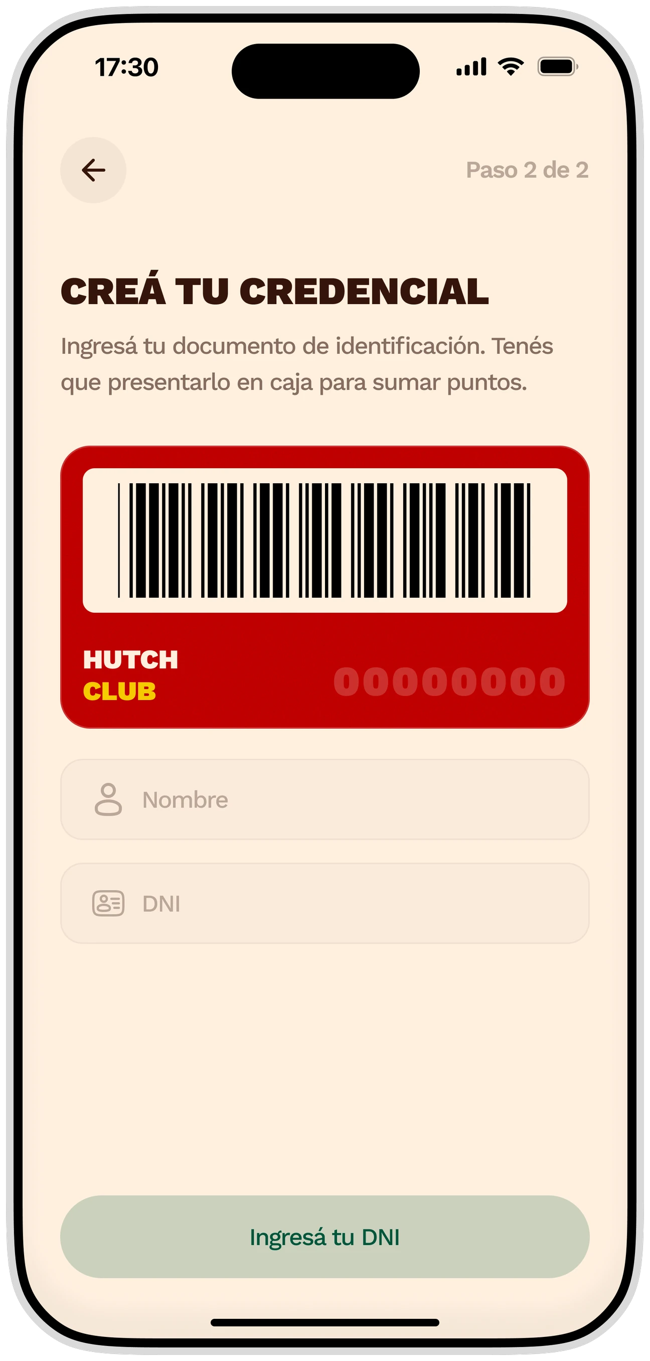 La pantalla de credencial de la app de Hutch: paso 2 de 2, con la tarjeta roja de código de barras del Hutch Club