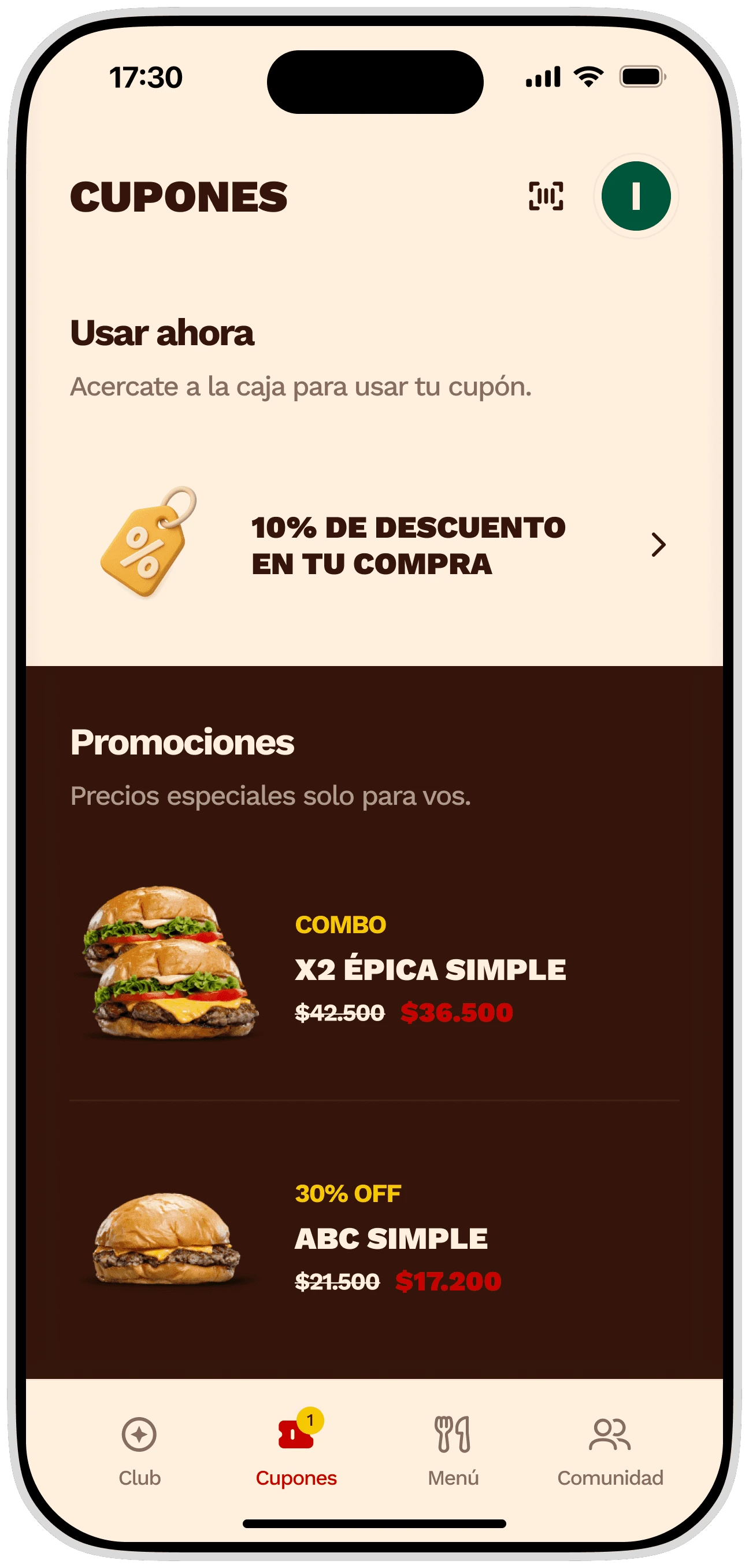 La sección de cupones de la app de Hutch, con el descuento disponible y las promociones del mes