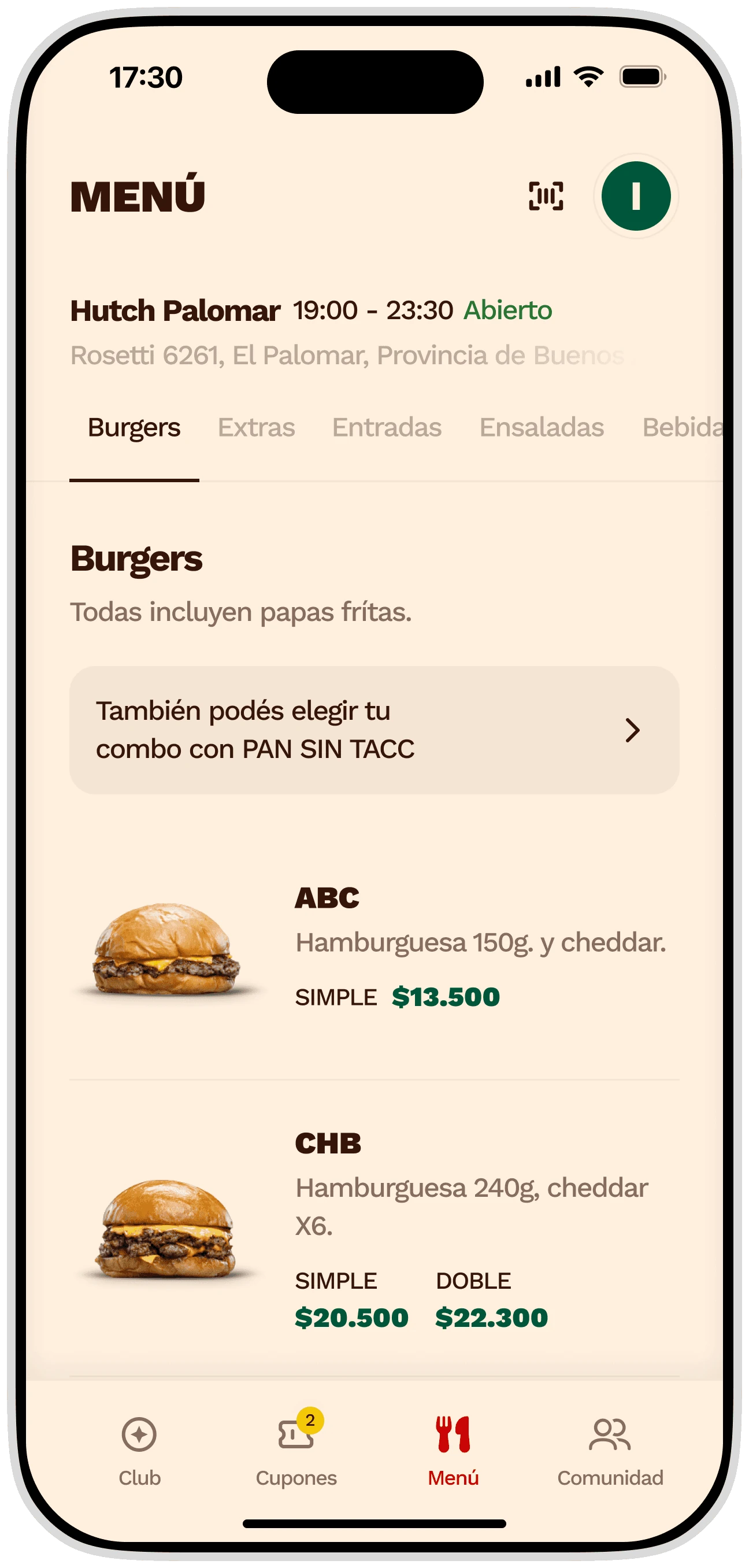 El menú digital de Hutch Palomar adentro de la app, con los precios y el horario del local