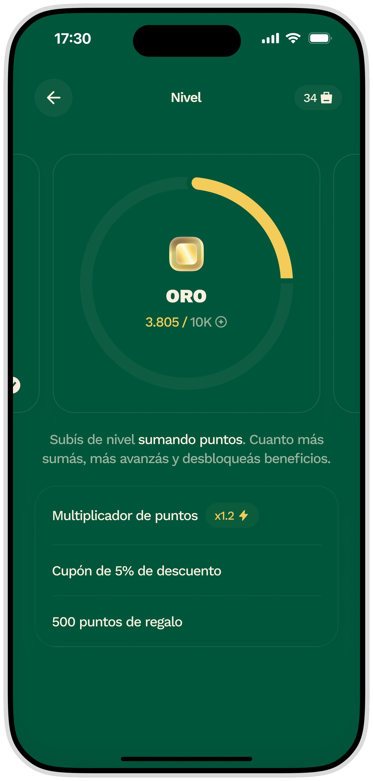 La pantalla de nivel de la app de Hutch: el anillo de progreso hacia Oro y los tres beneficios que desbloquea