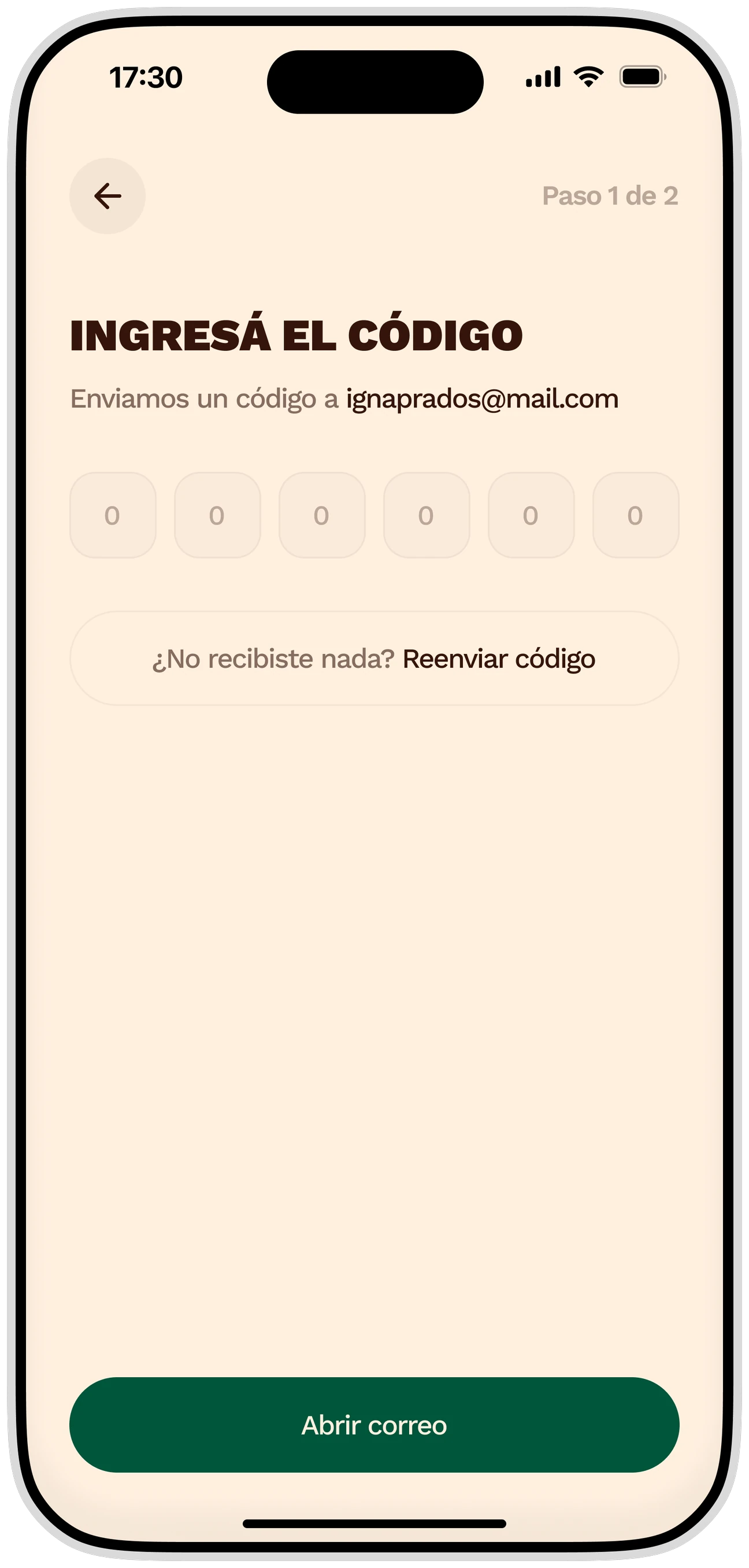 La pantalla de código de la app de Hutch: paso 1 de 2, con las seis casillas del código enviado por mail