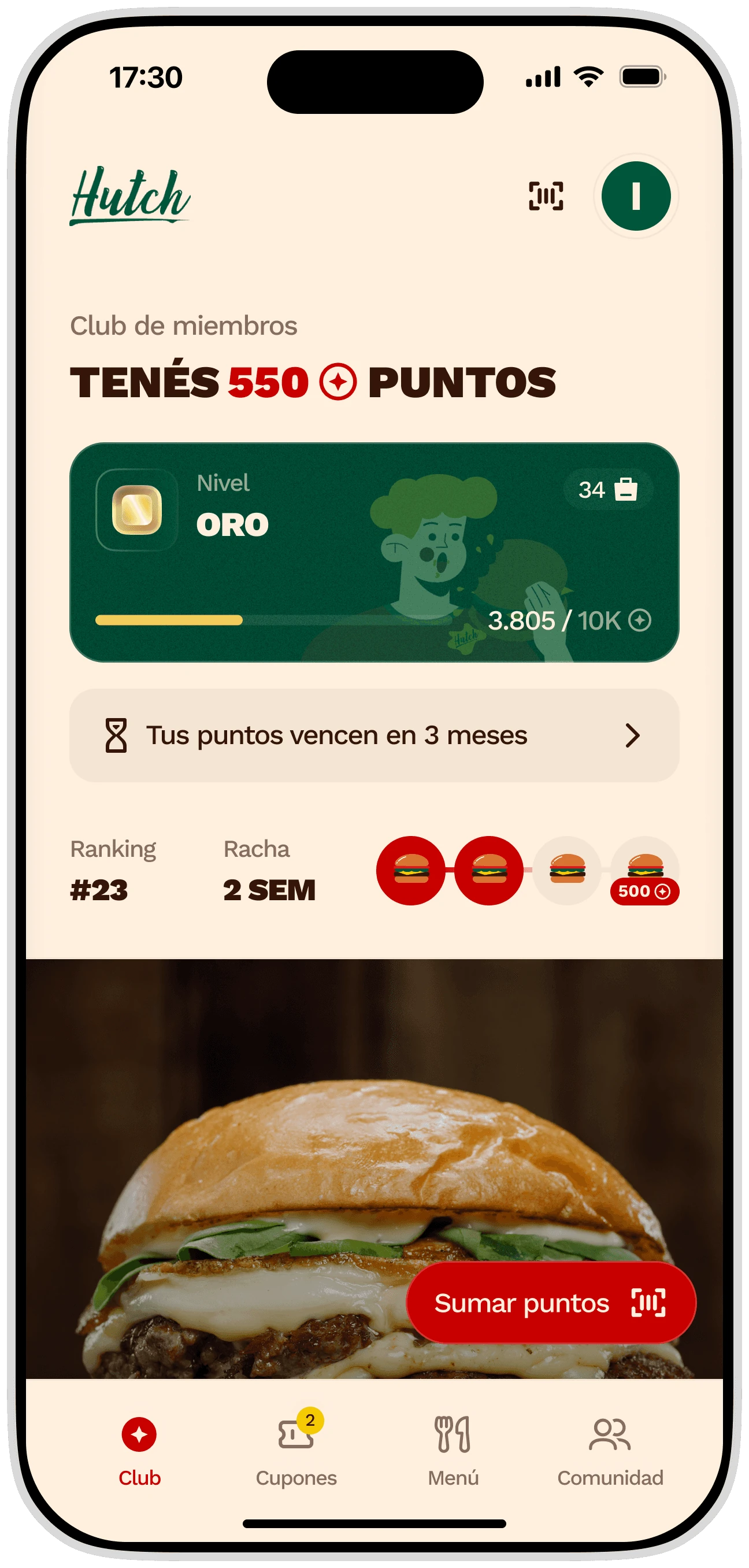 La pantalla principal de la app de Hutch con el saldo de 550 puntos, el nivel Oro, el ranking y la racha