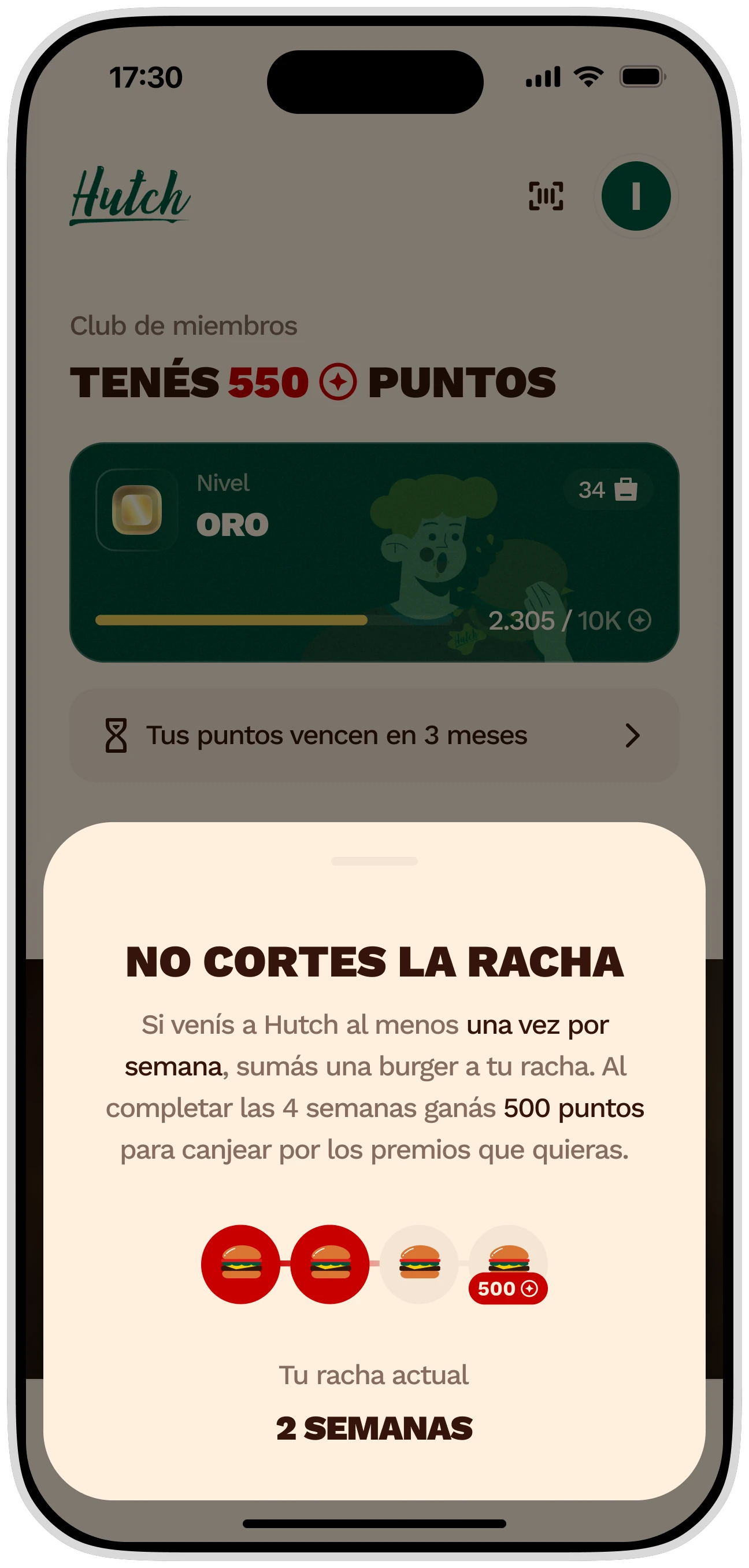 La pantalla de racha de la app de Hutch, con las cuatro semanas y los 500 puntos al completarla