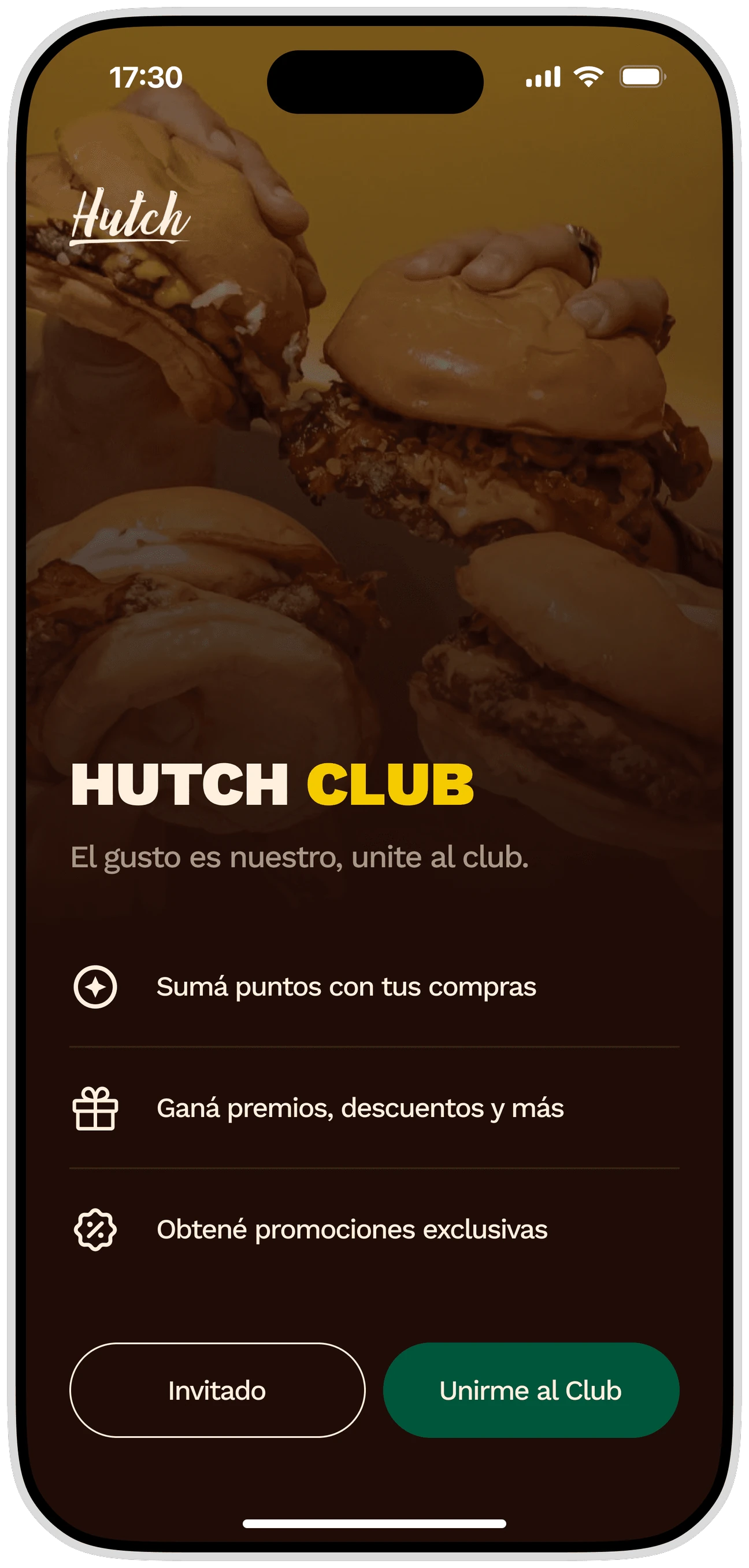 La invitación al club de Hutch: la foto de sus productos, el nombre del club en su tipografía y los tres beneficios listados