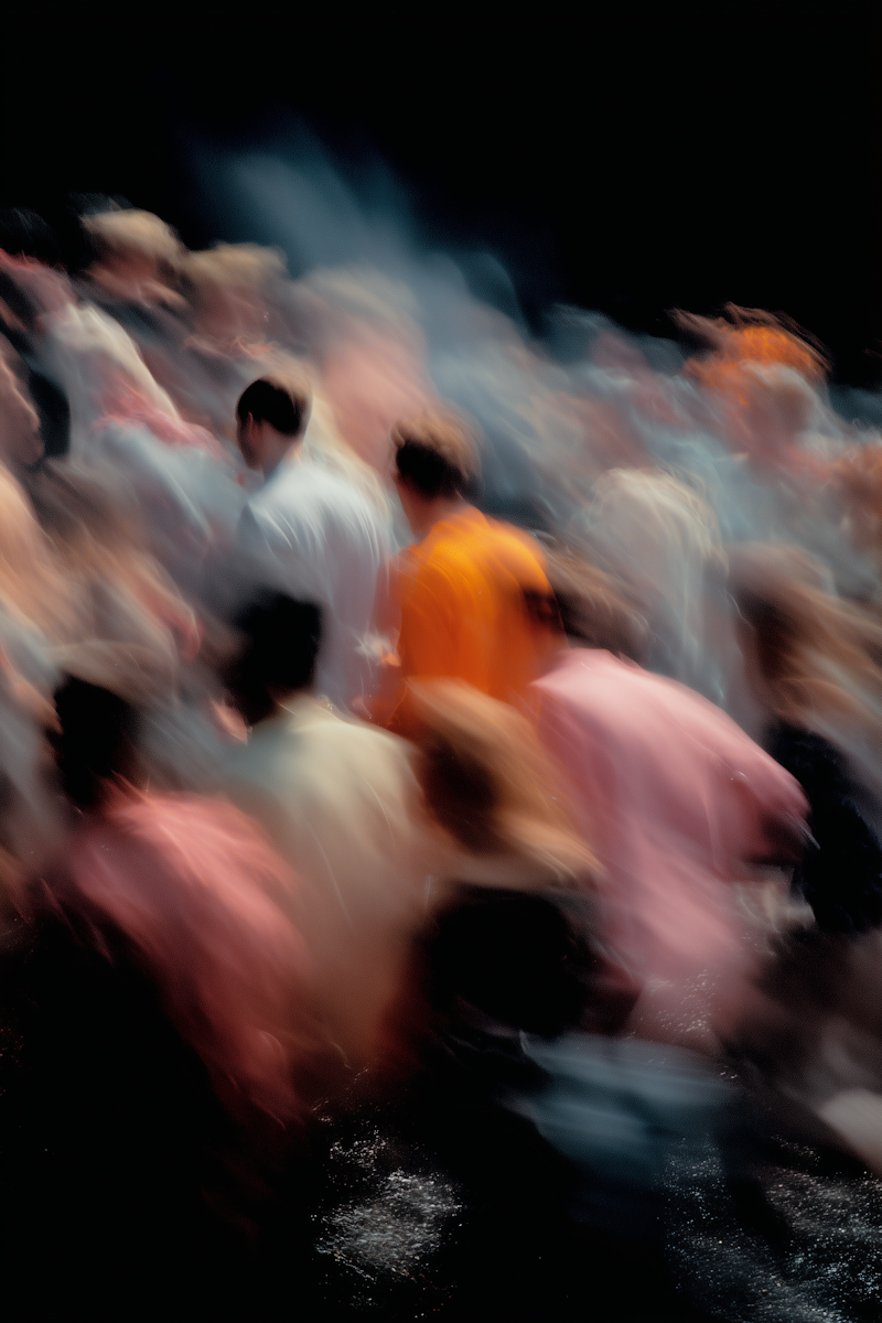 A group of people in motion, shot with a panning camera