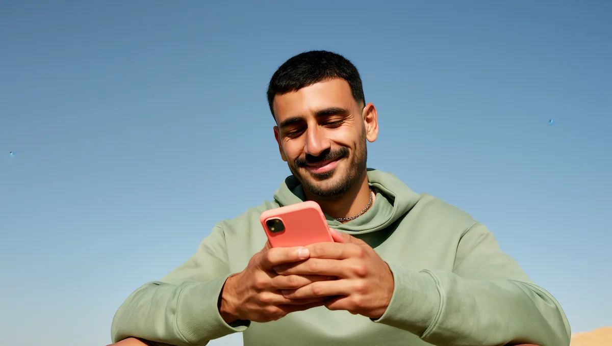 Una persona sostiene y usa su teléfono con una sola mano mientras camina por la calle