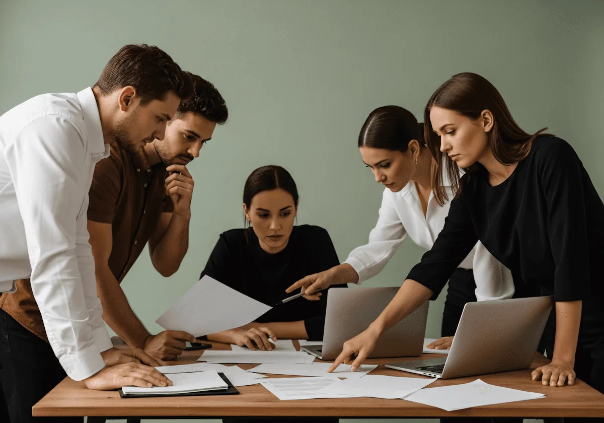 Un equipo de trabajo revisa papeles y notebooks alrededor de una mesa