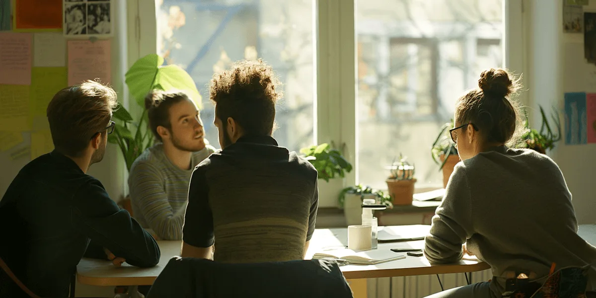 Un grupo de personas conversa alrededor de una mesa en una oficina luminosa