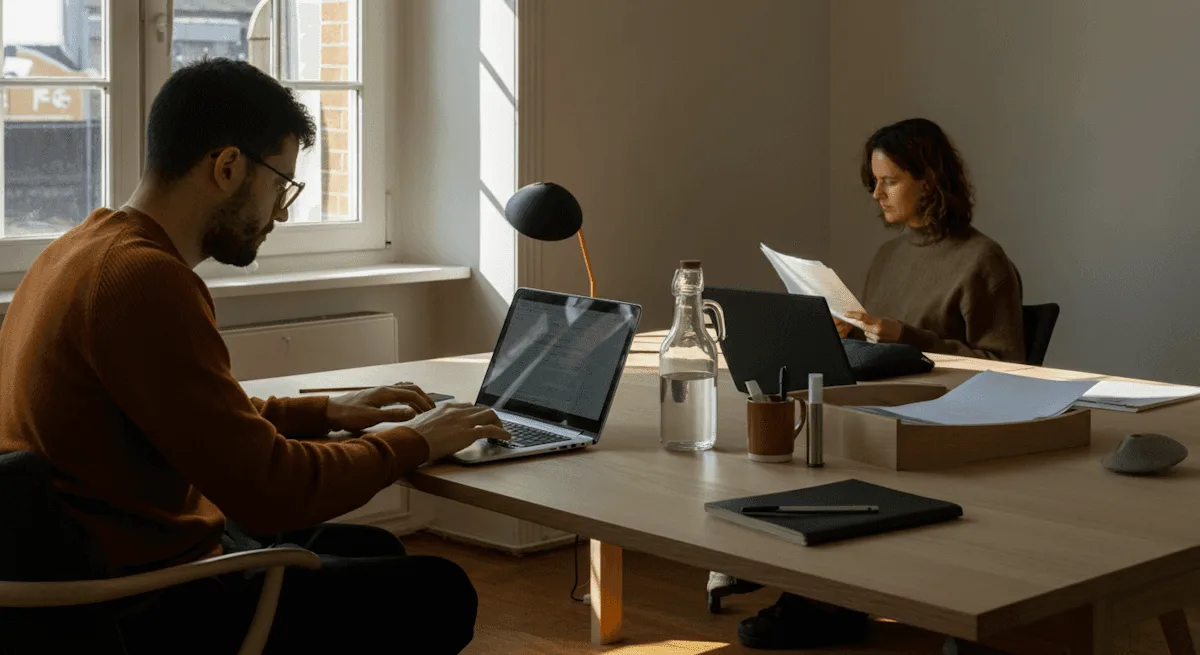 Dos personas trabajan en una oficina luminosa con la ventana de fondo