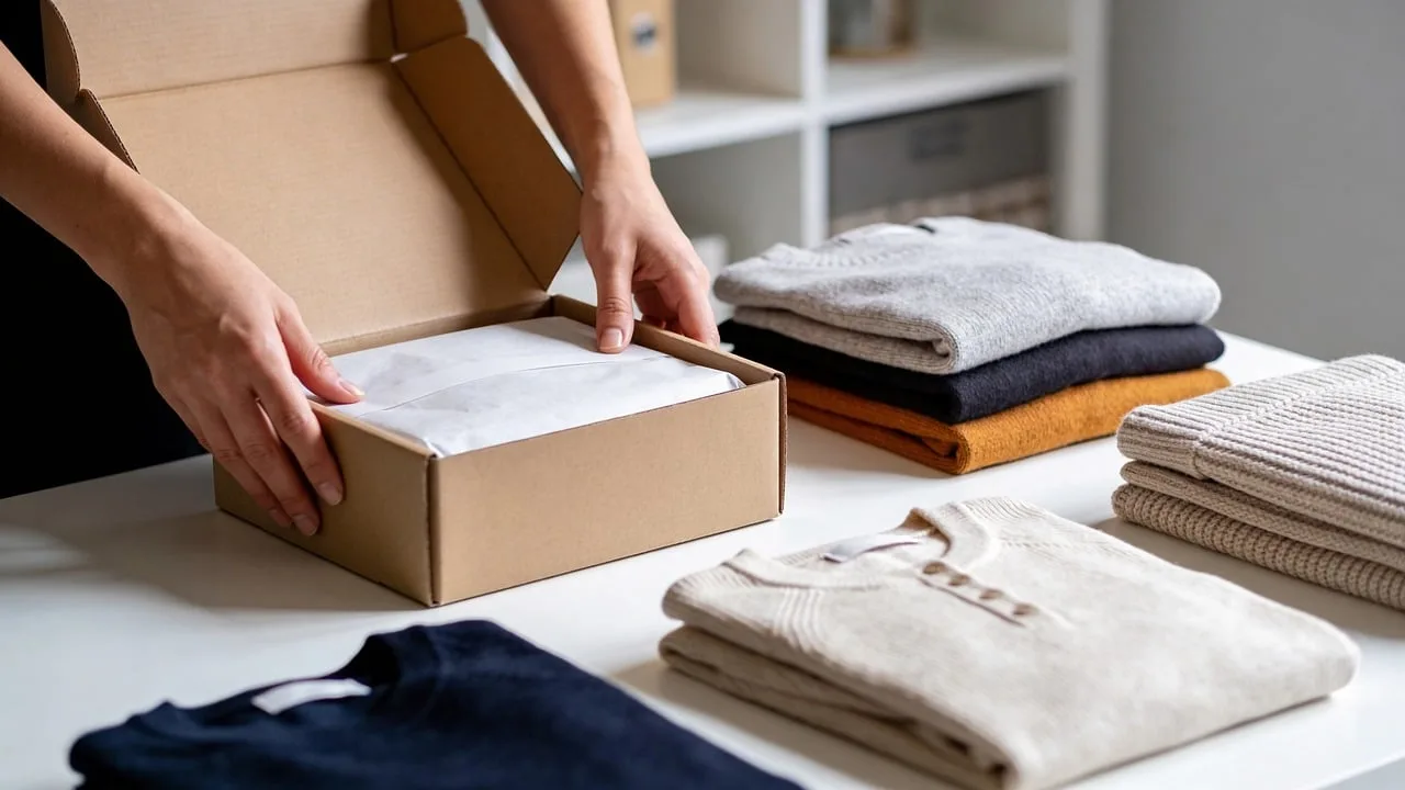Unas manos acomodan una prenda dentro de una caja de cartón junto a una pila de ropa doblada