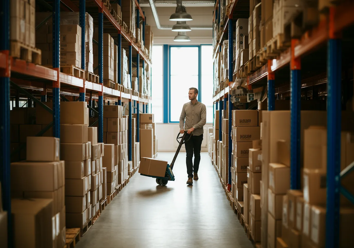 Varias cajas de cartón cerradas y apiladas en un centro de distribución de un ecommerce.