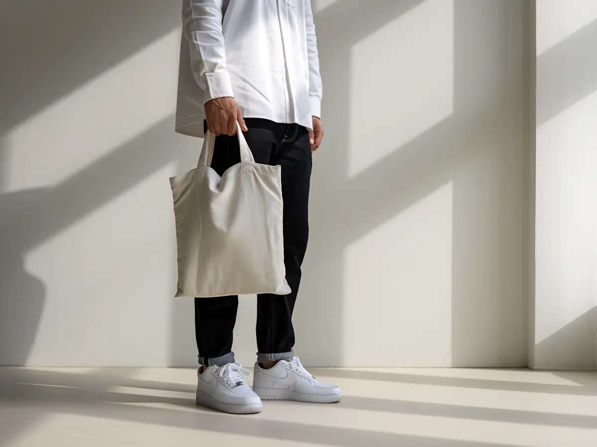Una persona de pie contra una pared soleada sostiene una bolsa de tela de una tienda