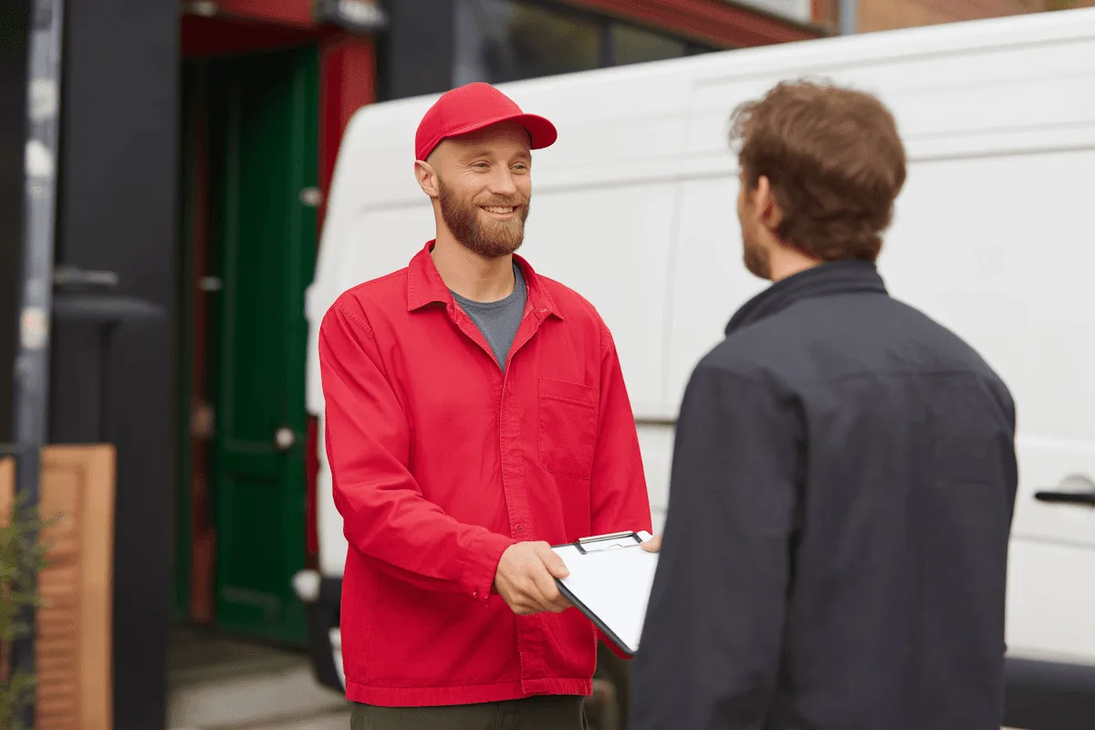 Un repartidor con gorra roja conversa con un cliente al lado de su camioneta