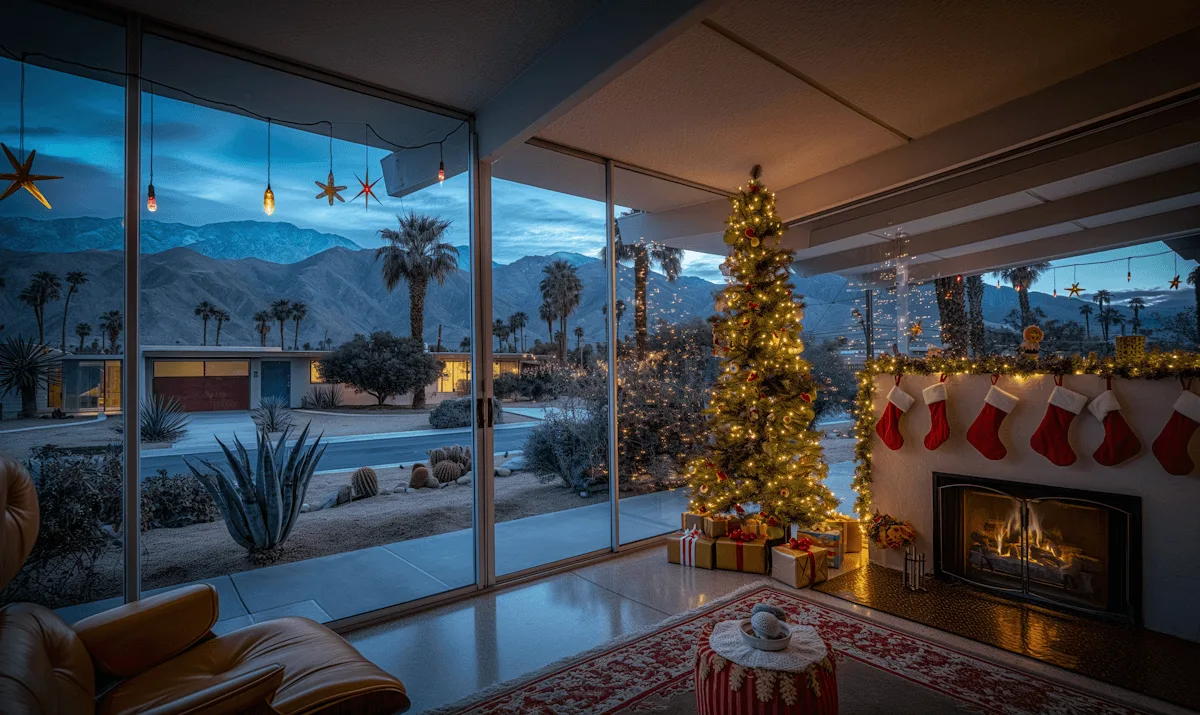 Un living decorado para Navidad con el ventanal abierto al atardecer