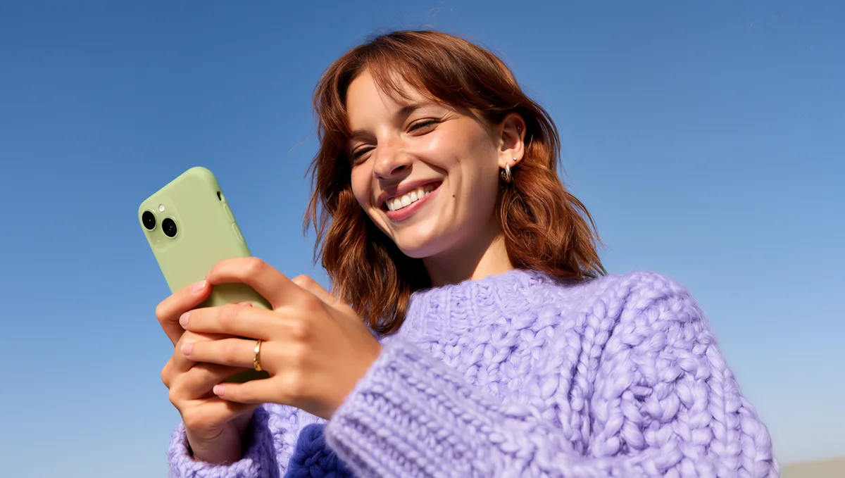 Una mujer mira su teléfono y sonríe después de recibir un regalo