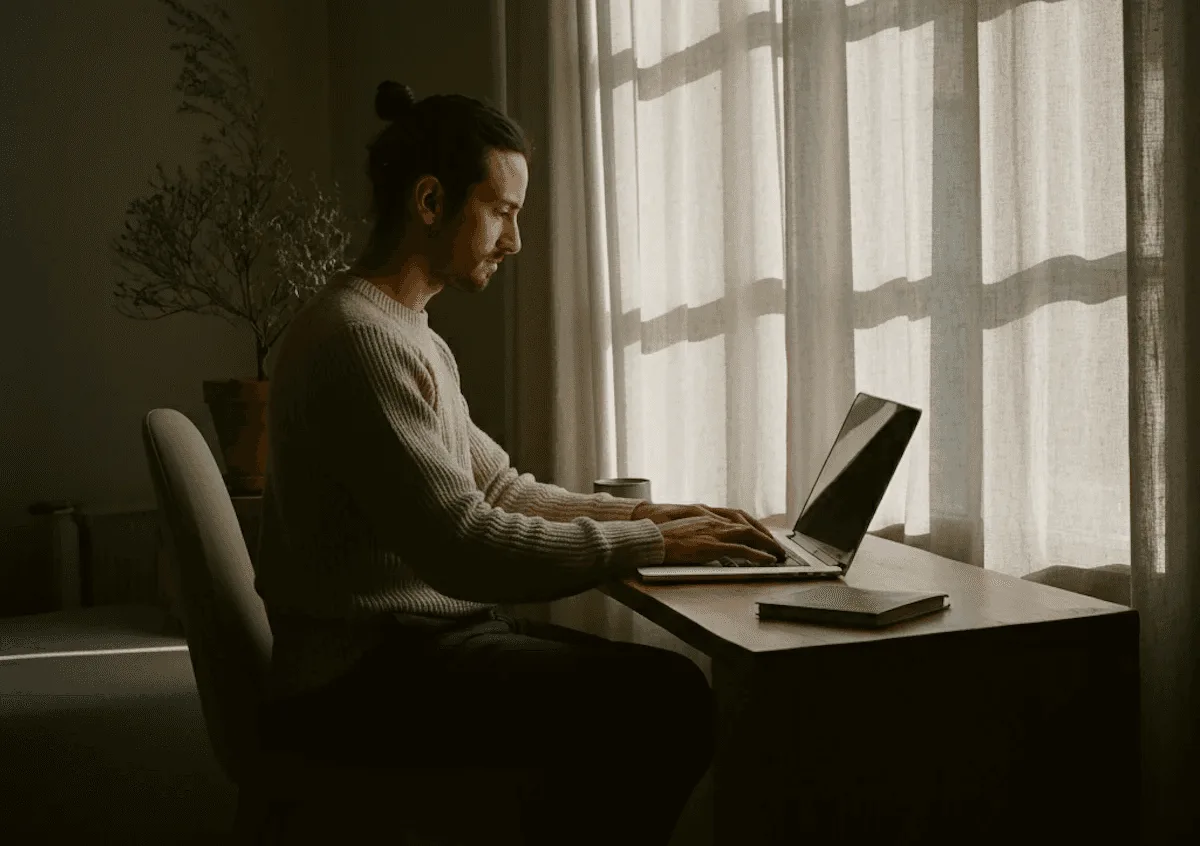 Una persona trabaja frente a su notebook junto a una ventana con cortinas