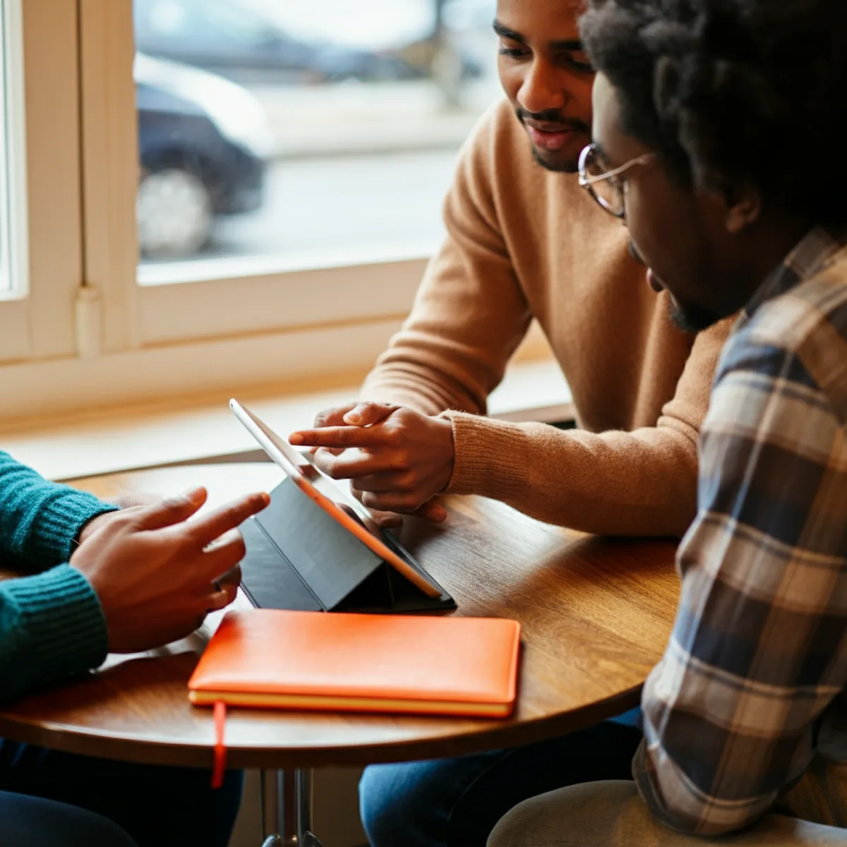 Una persona revisa una tablet apoyada en una mesa con un grupo de personas