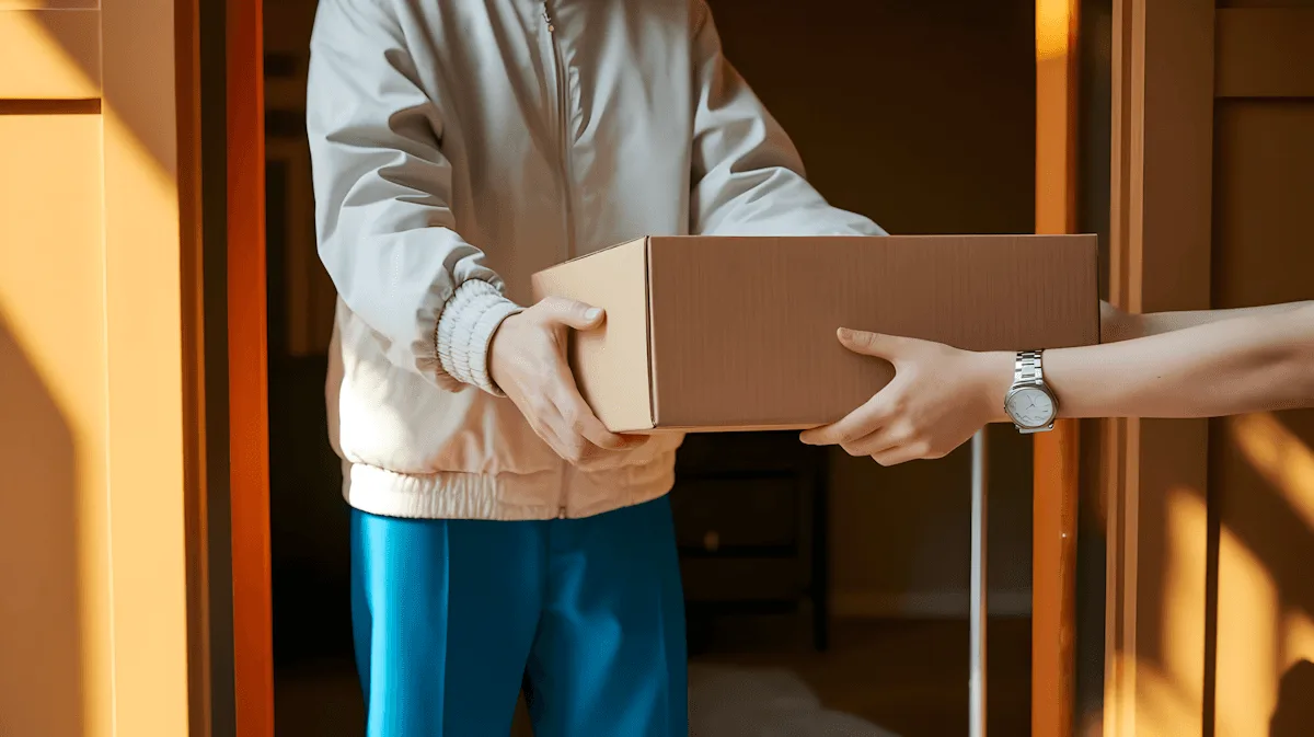 Dos personas se pasan una caja de cartón en la puerta de una casa
