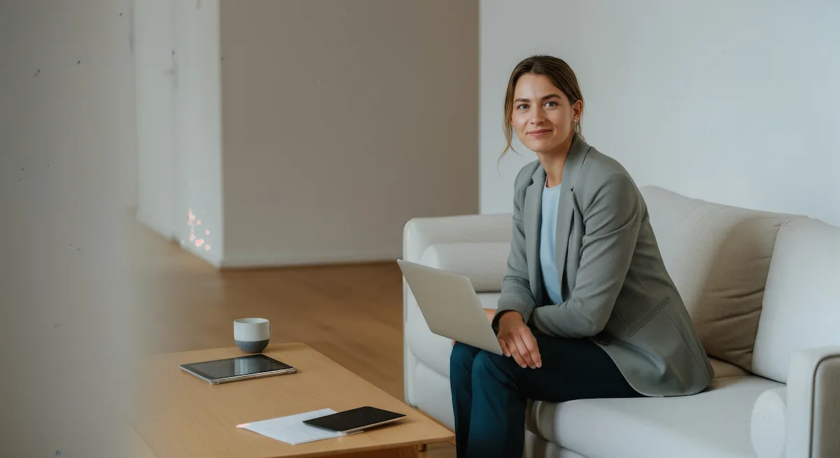 Una mujer revisa números en una notebook con una libreta y una calculadora sobre el escritorio