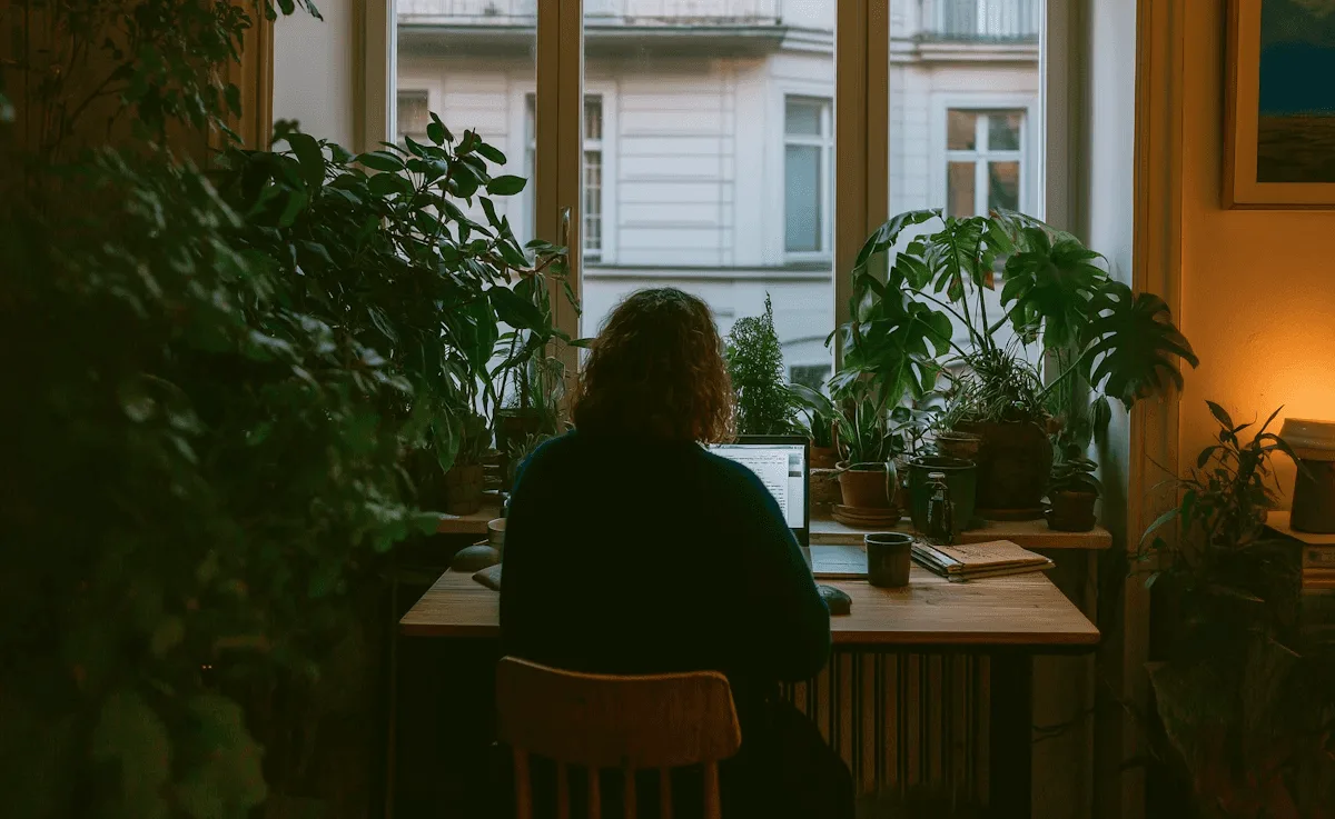 Una persona trabaja con su notebook en un bar rodeado de plantas, de noche