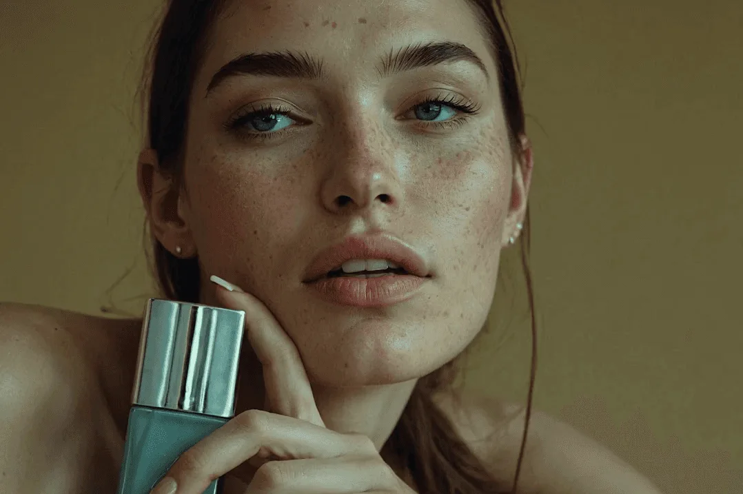 Una mujer sostiene un producto de skincare a la altura del rostro