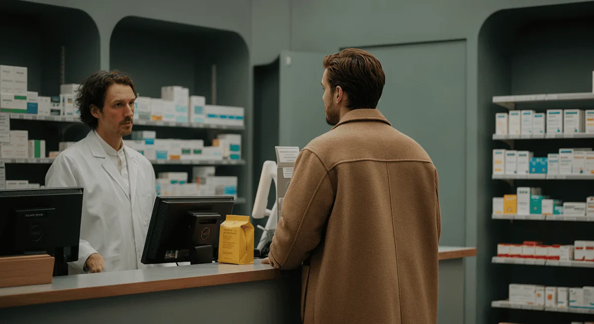 Un cliente atendido en el mostrador de una farmacia, con los estantes de fondo