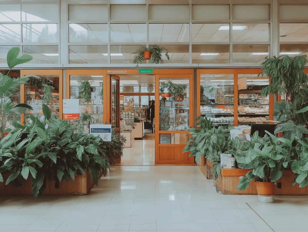 El interior de un vivero con plantas de interior a los costados del pasillo de entrada