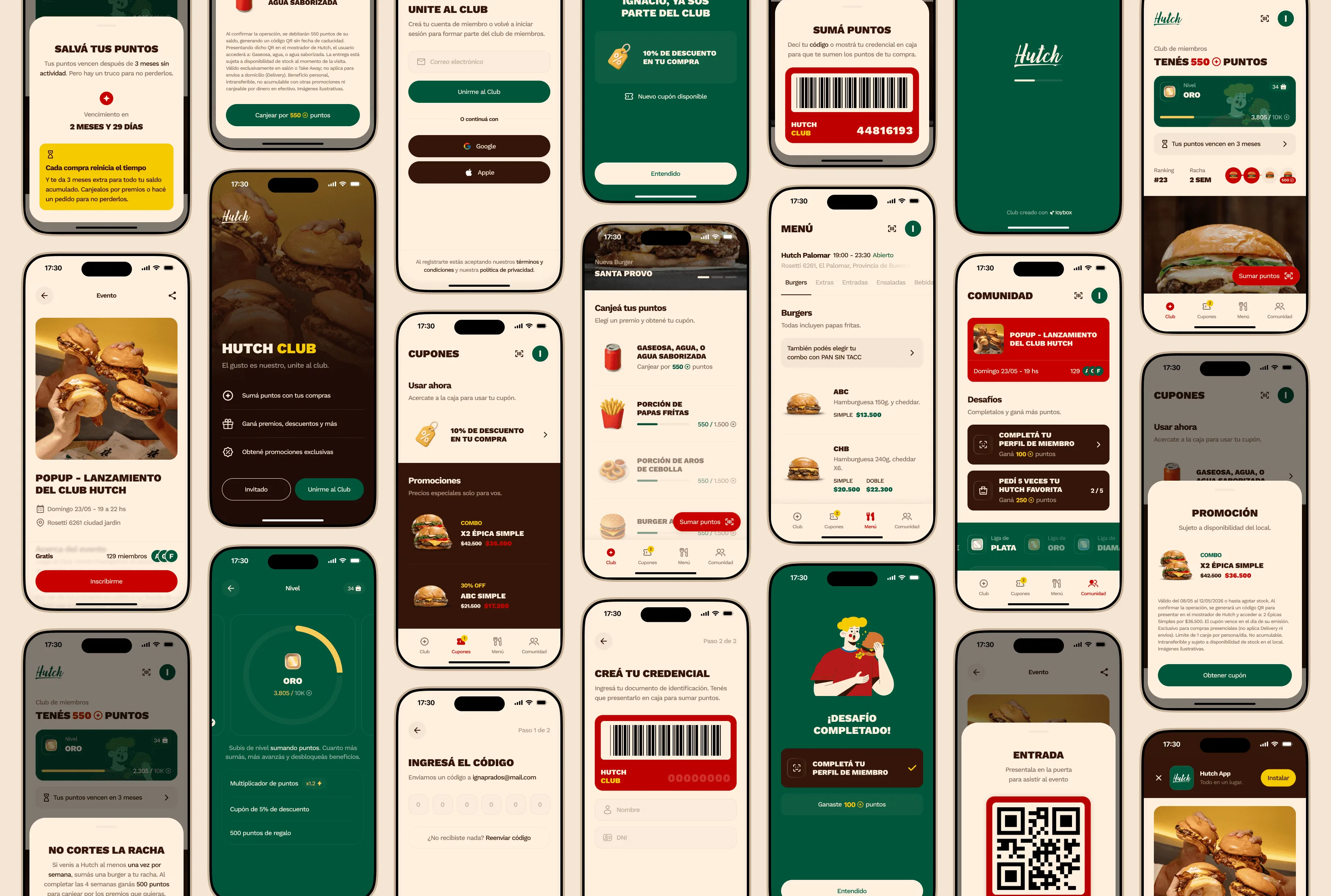 Un mosaico con las pantallas de la app del Hutch Club: el saldo de puntos, los cupones, el menú de hamburguesas, los desafíos, la credencial con código de barras y la racha