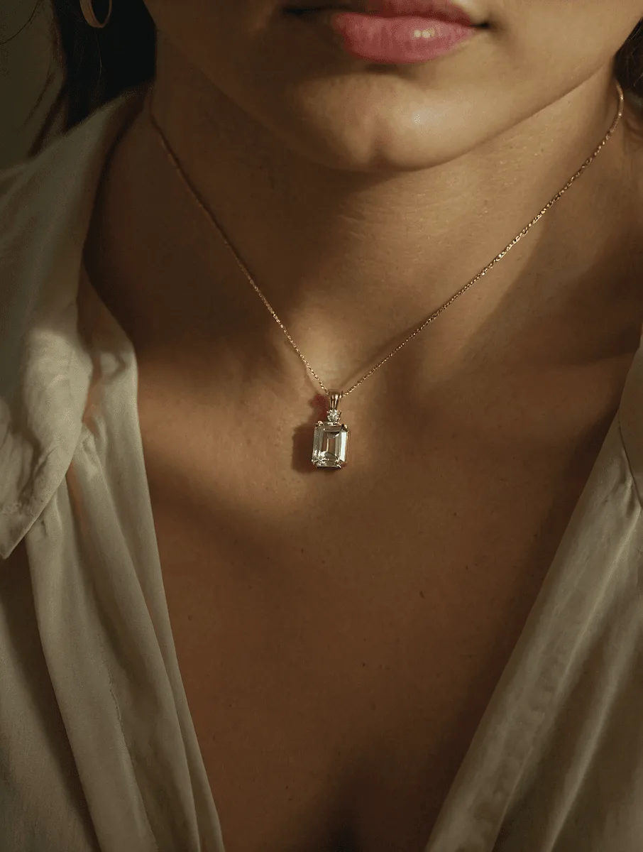 Primer plano de un colgante de oro sobre el cuello de una mujer