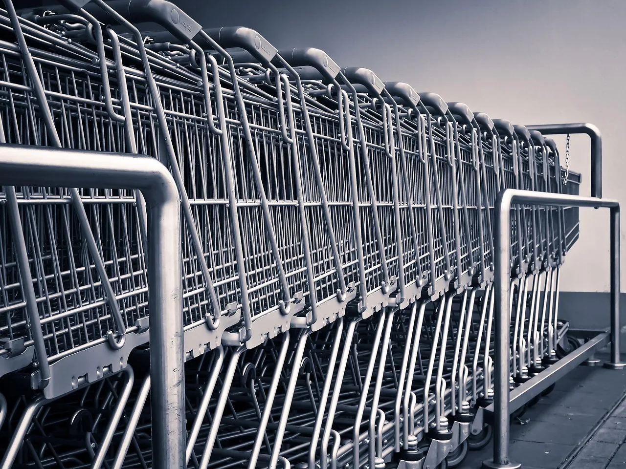Una fila larga de carritos de supermercado metálicos encajados uno detrás del otro