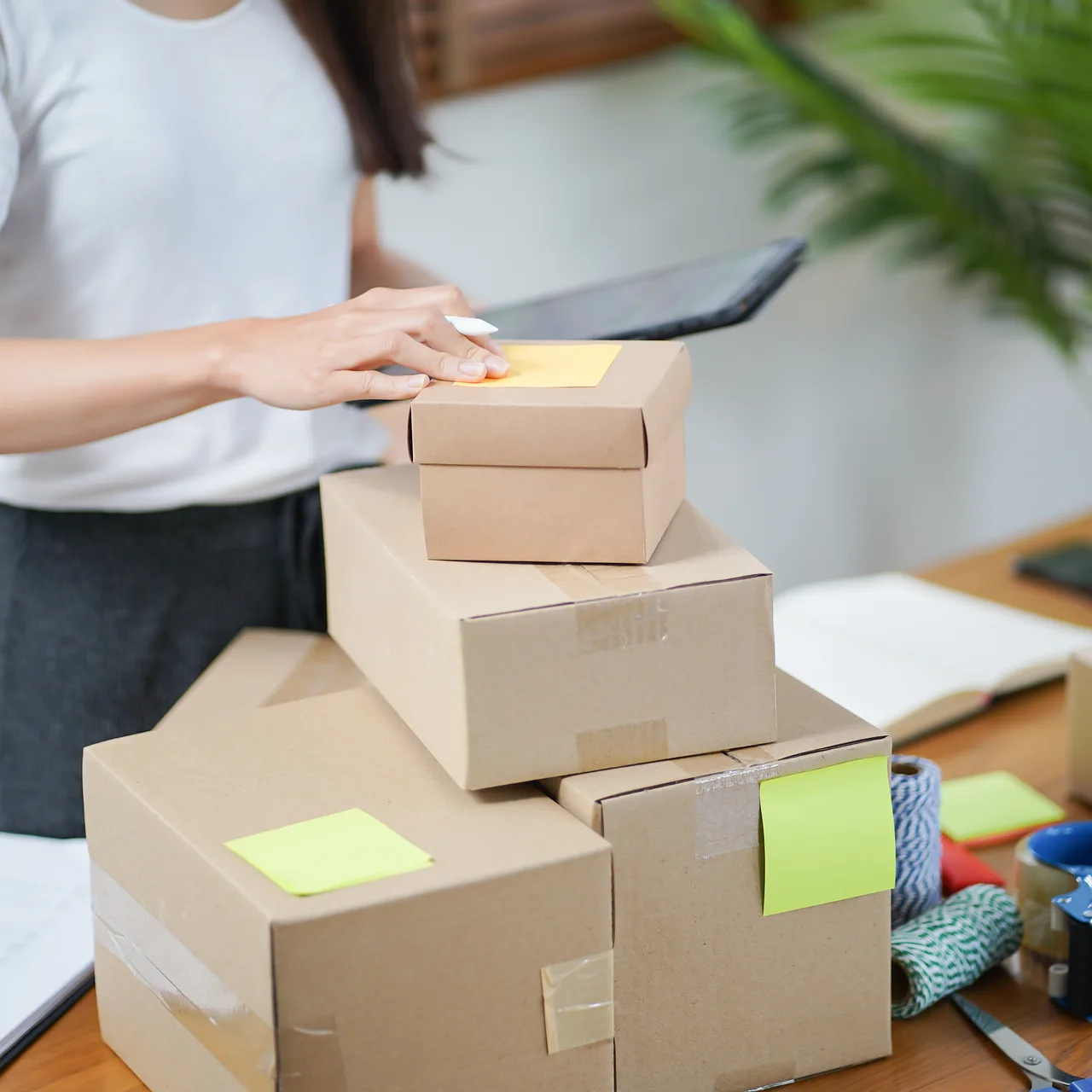 Una persona etiqueta cajas de cartón de distintos tamaños apiladas sobre una mesa de despacho con cinta y notas adhesivas