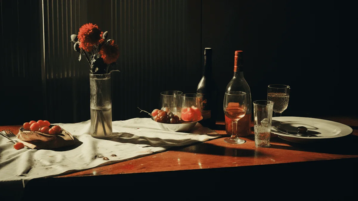 Una mesa servida con una botella de vino, copas y flores, iluminada de costado