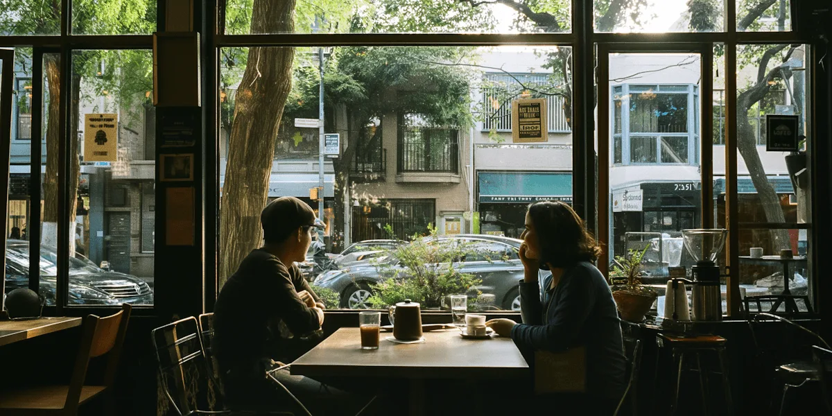 Dos personas sentadas junto al ventanal de un bar, vistas desde la vereda