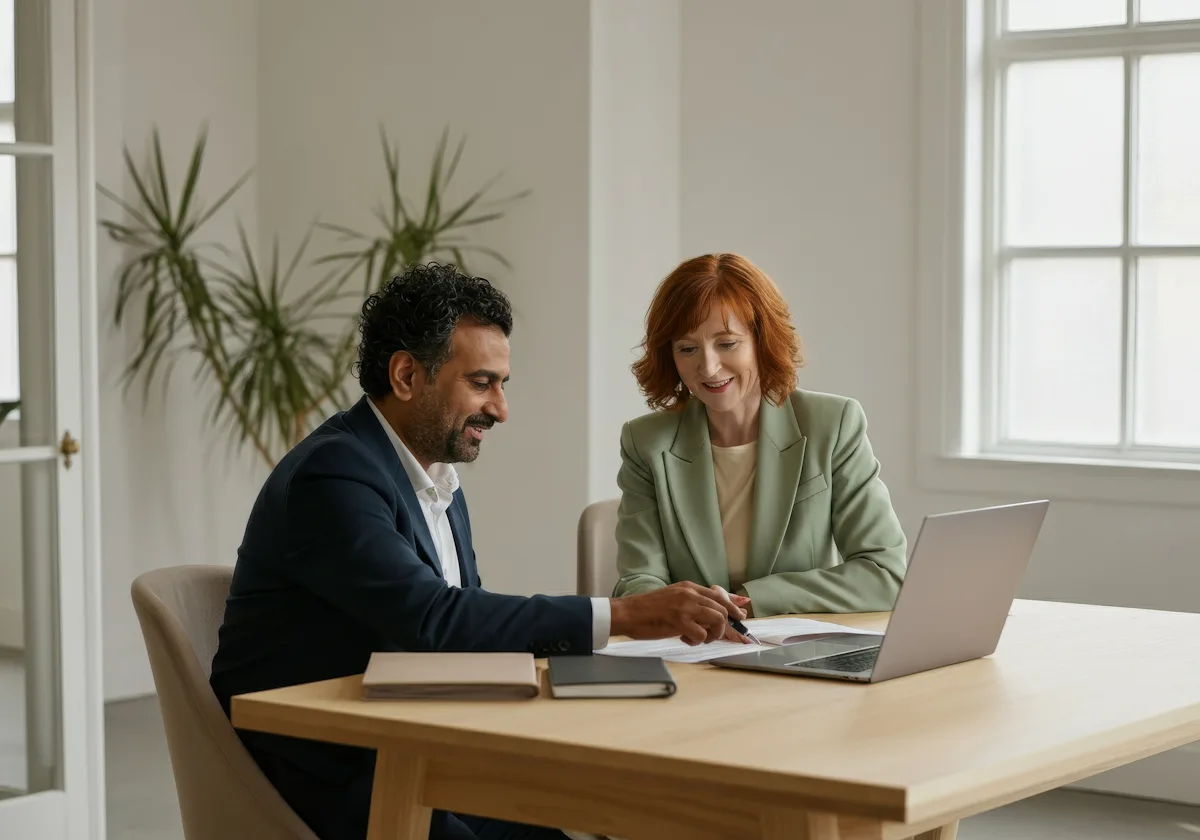 Dos profesionales trabajan juntos en un escritorio dentro de una empresa